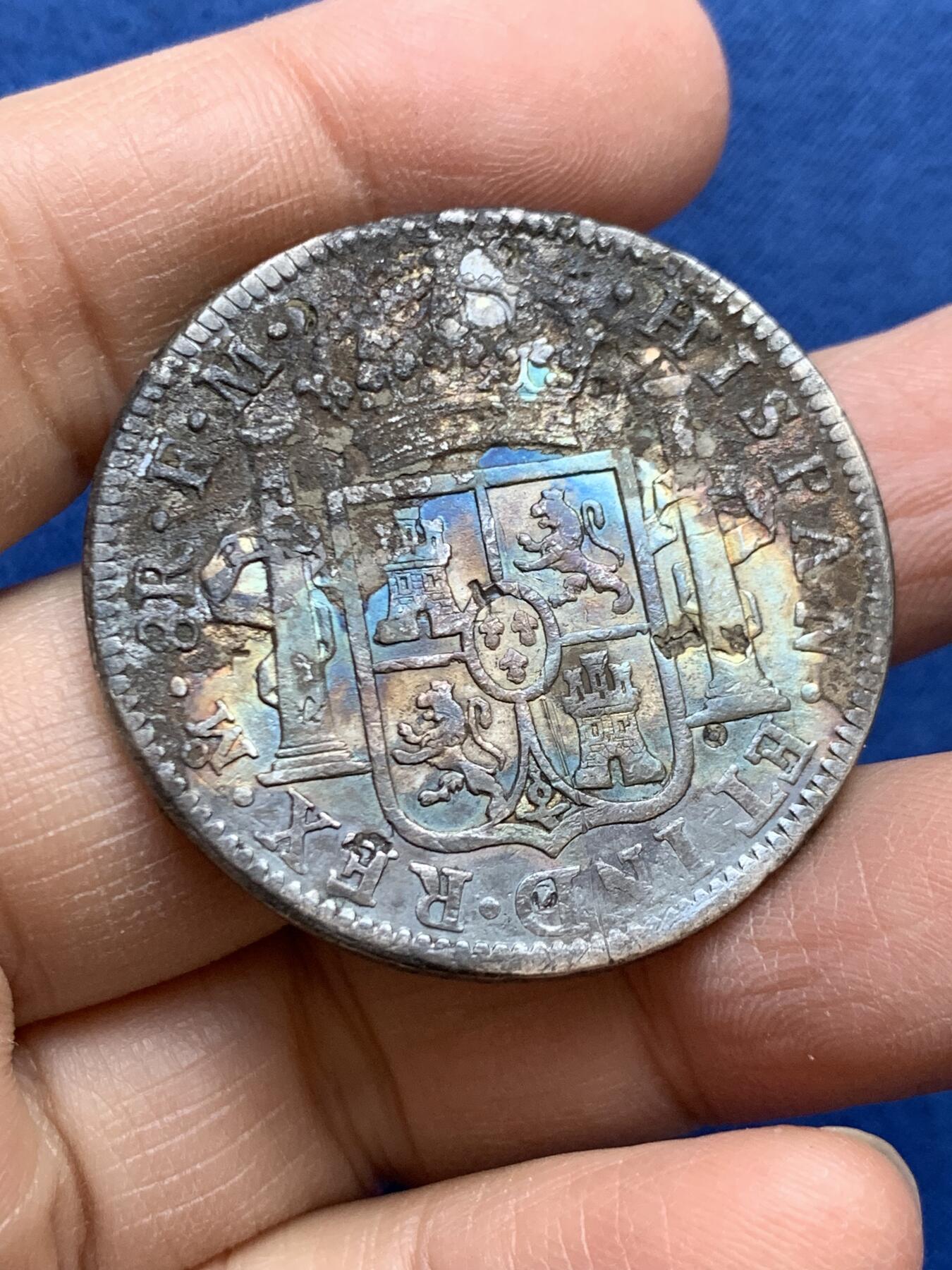 《竞宝斋》第454场 周日，周一 2场连拍 （全场包邮，欢迎送拍） 西班牙1795年卡四双柱，海捞版，腐蚀大，但是可凑品种 26.3