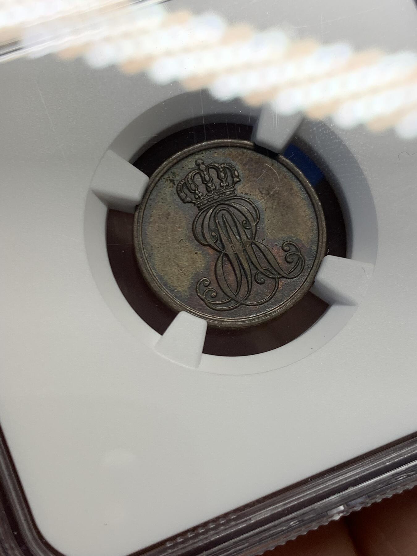 《竞宝斋》第454场 周日，周一 2场连拍 （全场包邮，欢迎送拍） NGC AU55BN 德国汉诺威 1851年1芬尼 铜币