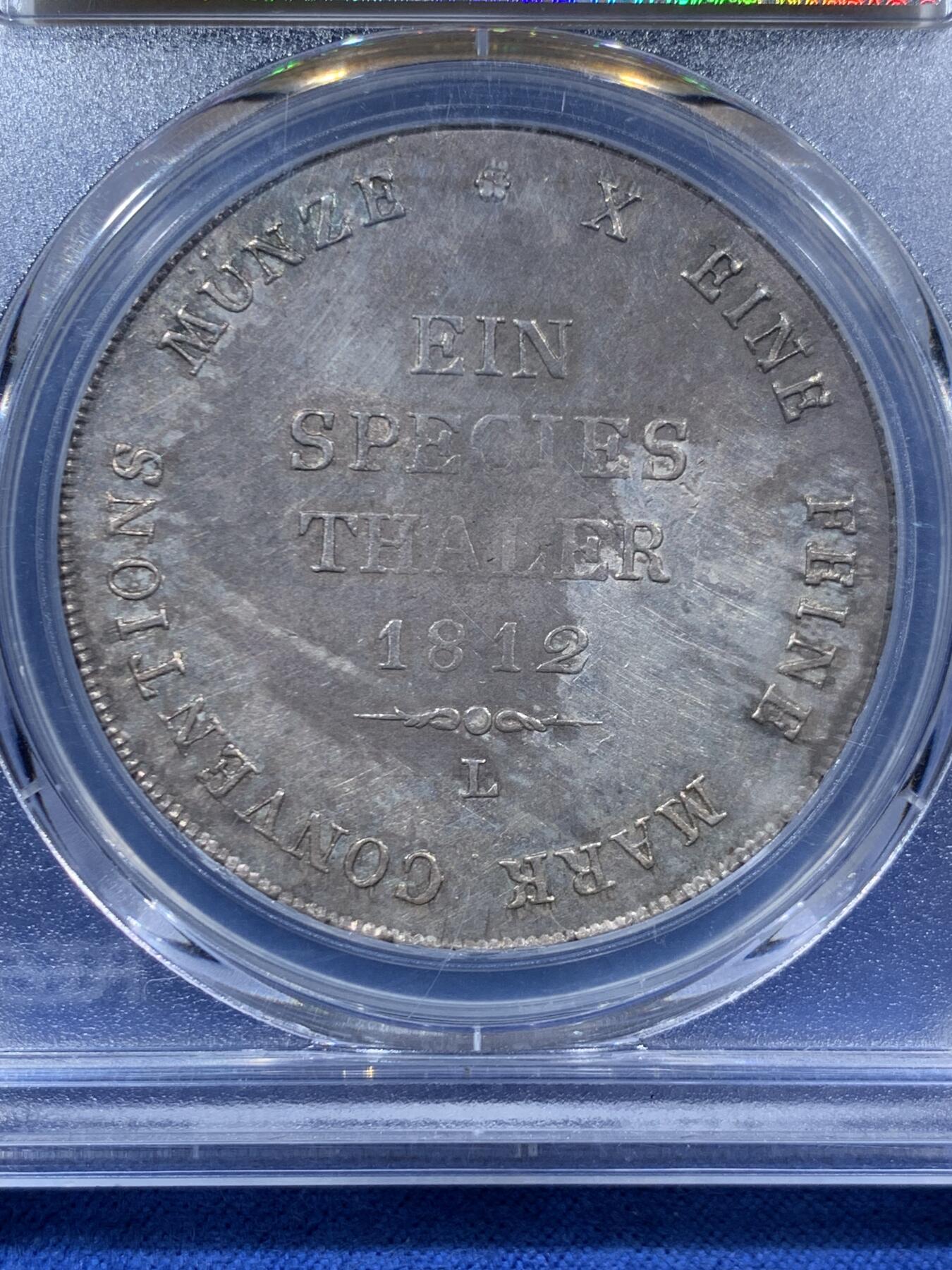 《竞宝斋》第454场 周日，周一 2场连拍 （全场包邮，欢迎送拍） 唯一亚军分 PCGS AU50 德国 1812年 罗伊斯-埃伯斯多夫公国 泰勒大银币 该地名唯一大银币 发行量1575枚 有分的记录共两枚 难得一见