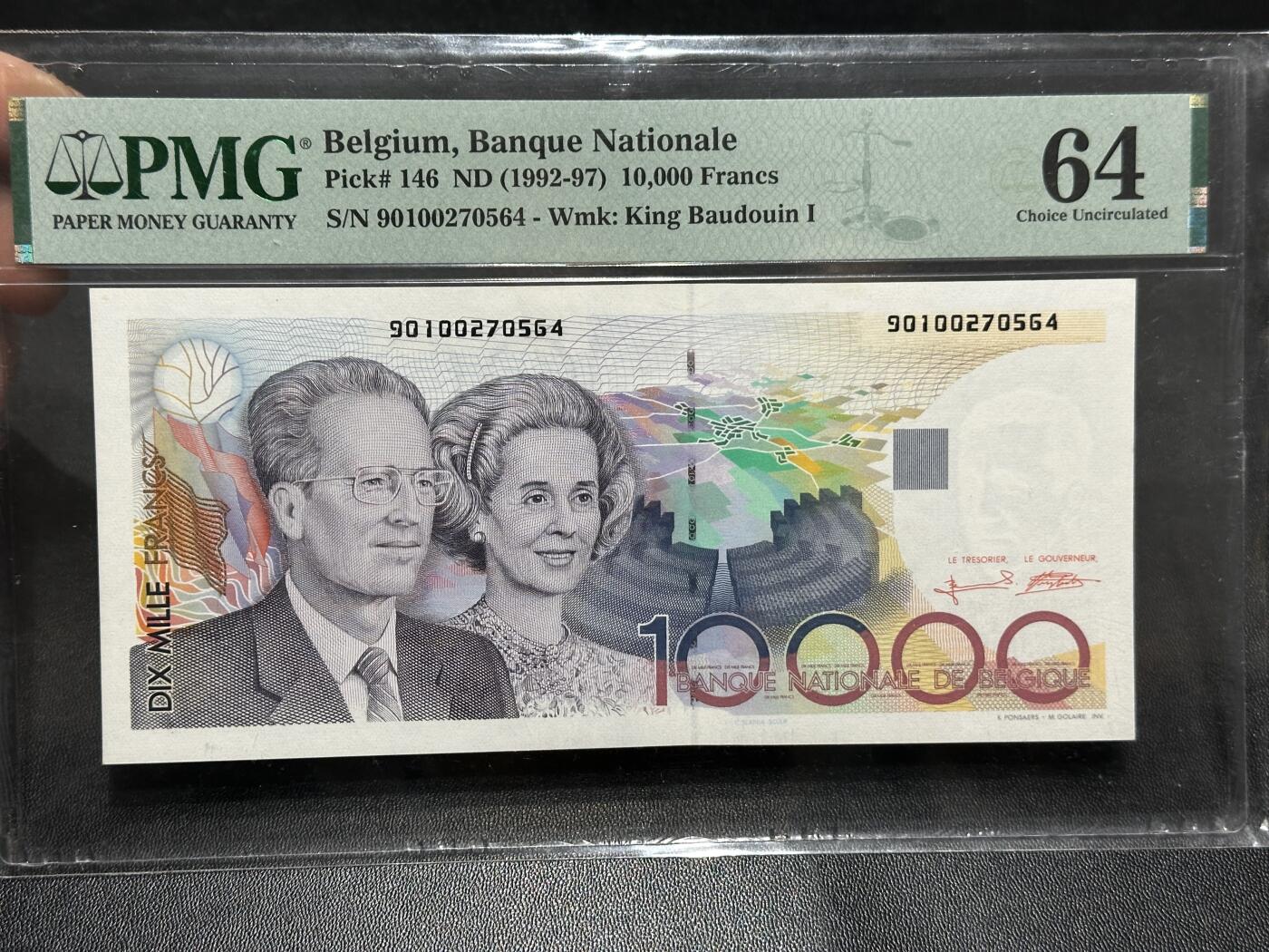 🎉🎉🎉《外钞收藏家》第六百期（年度庆典场）（本平台长期征集拍品、欢迎藏友们联系合作）❤️❤️❤️ 1992-97年比利时末版1万法郎 PMG64 没看出什么问题 外钞经典品种  整体票面比倒二版还优秀 斯拉尼娅雕刻作品 外钞收藏必入品种