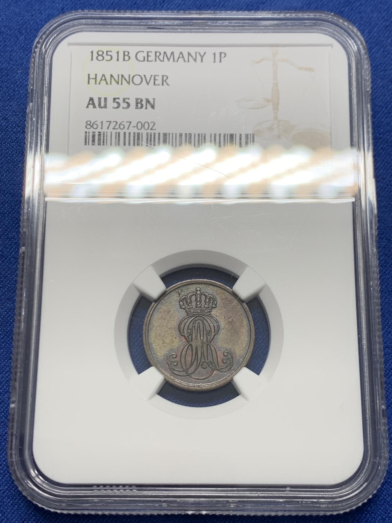 《竞宝斋》第454场 周日，周一 2场连拍 （全场包邮，欢迎送拍） NGC AU55BN 德国汉诺威 1851年1芬尼 铜币
