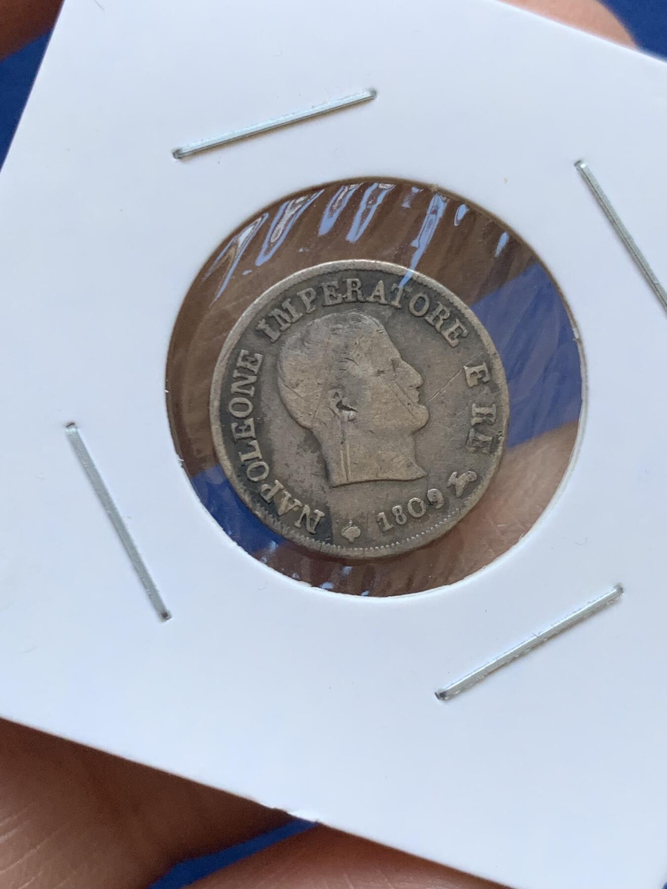 《竞宝斋》第454场 周日，周一 2场连拍 （全场包邮，欢迎送拍） 两枚一组 意大利 拿破仑王国 1813年5索尔迪、1809年10索尔迪 少见银币 均为M版 传世包浆 细节很好 拿系币经典品种