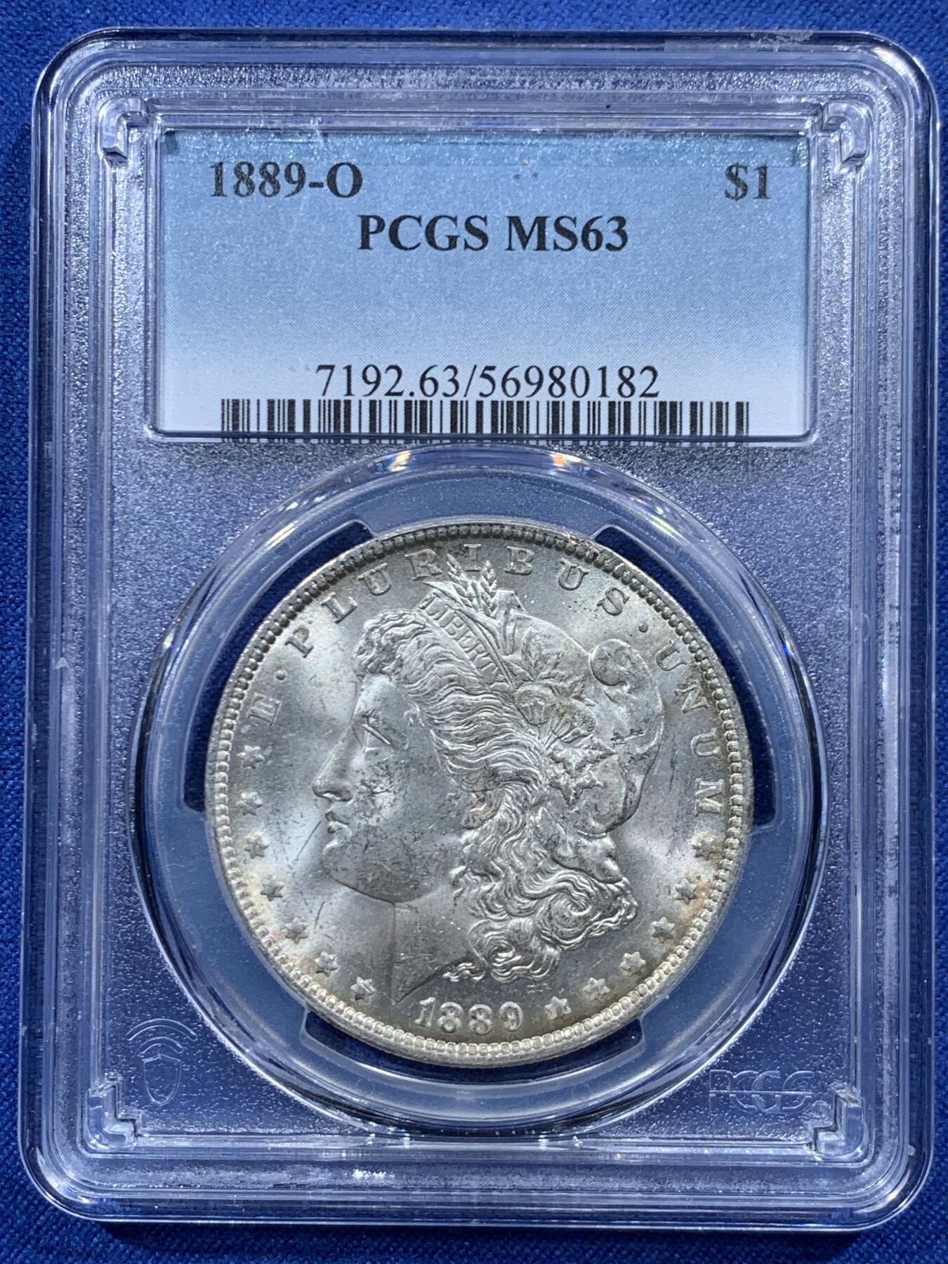 《竞宝斋》第454场 周日，周一 2场连拍 （全场包邮，欢迎送拍） PCGS MS63 美国 1889 O 摩根 银币 打制深俊 双面覆盖老包浆 霜感十足 收藏佳品