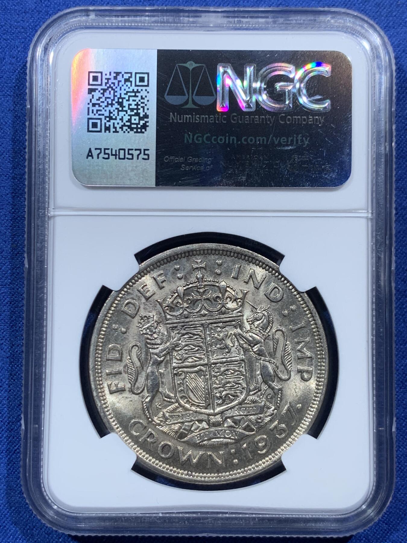 《竞宝斋》第454场 周日，周一 2场连拍 （全场包邮，欢迎送拍） NGC MS62 英国1937年乔治六世登基1克朗银币