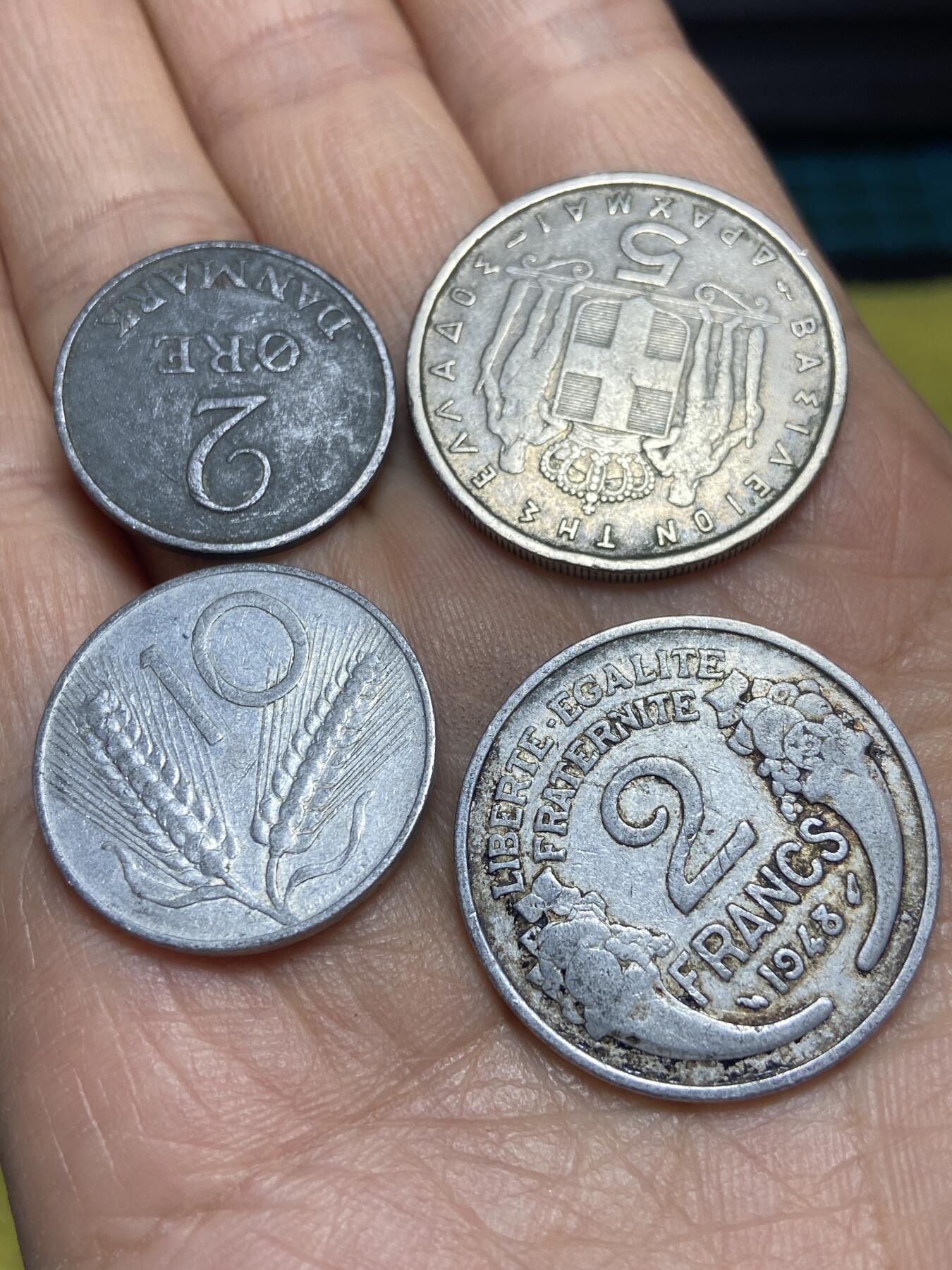 2026年第三场(总第一百七十二场）外国好品散币场(免佣金) 散币4枚：希腊🇬🇷1954年5德拉克马，意大利🇮🇹1952年10分，法国🇫🇷1948年2法郎，丹麦🇩🇰1953年2欧尔