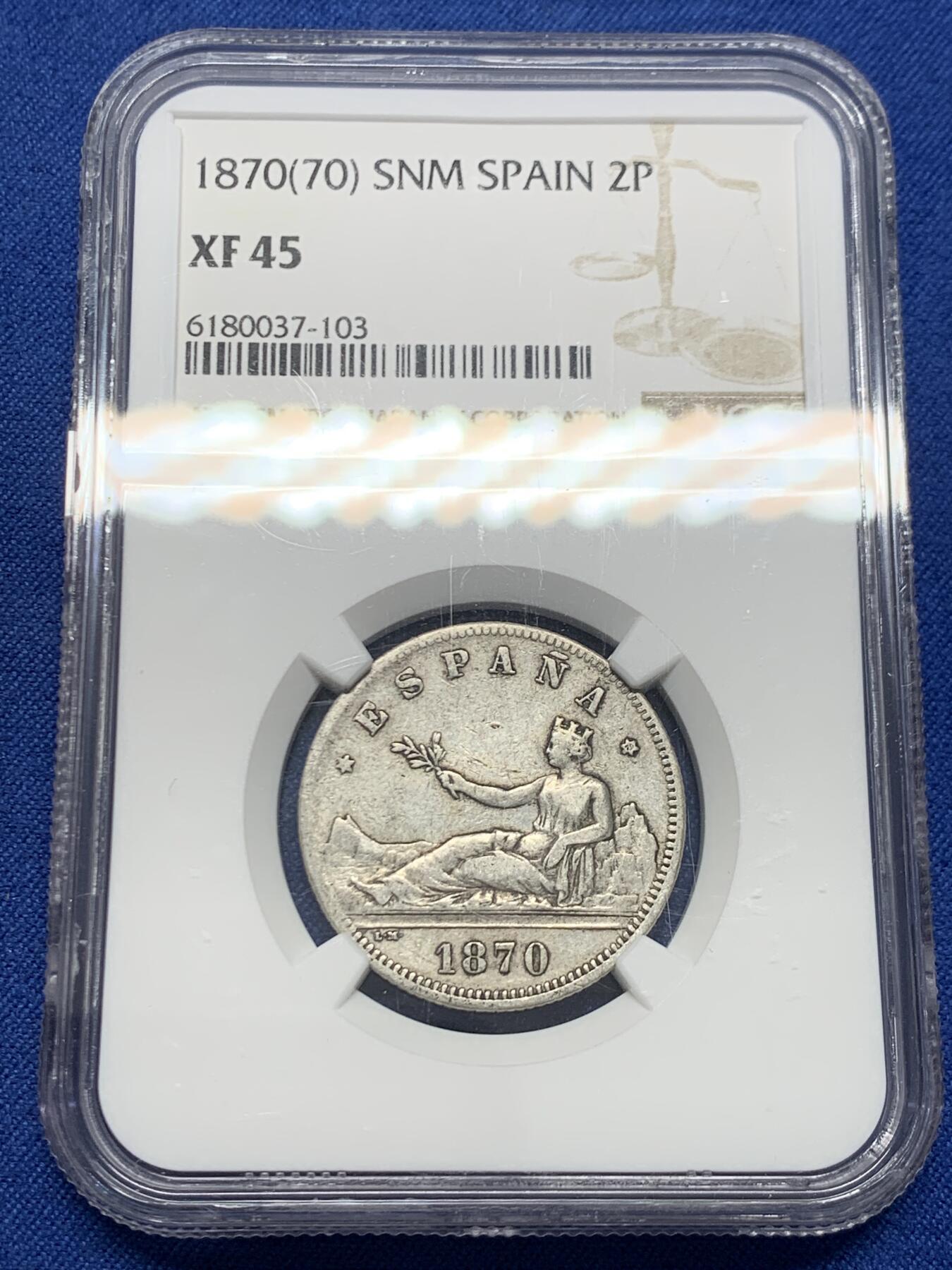 《竞宝斋》第454场 周日，周一 2场连拍 （全场包邮，欢迎送拍） NGC XF45 西班牙 1870年(70)拿花女神 2比塞塔银币 少见面值 流通充分 更高分3枚 特年书价xf275刀 包浆和底光还不错