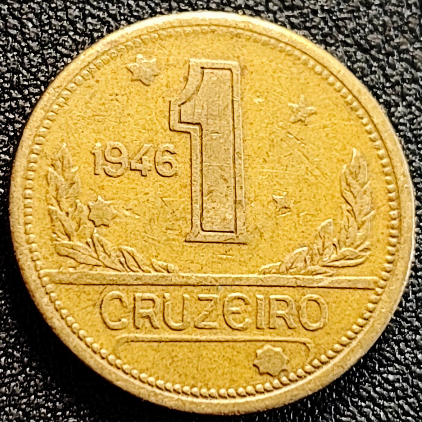 泉币菌-第163场-新年第六场 精品福利场 地图版 1946年 巴西1克鲁塞罗铝青铜硬币 23毫米 7克