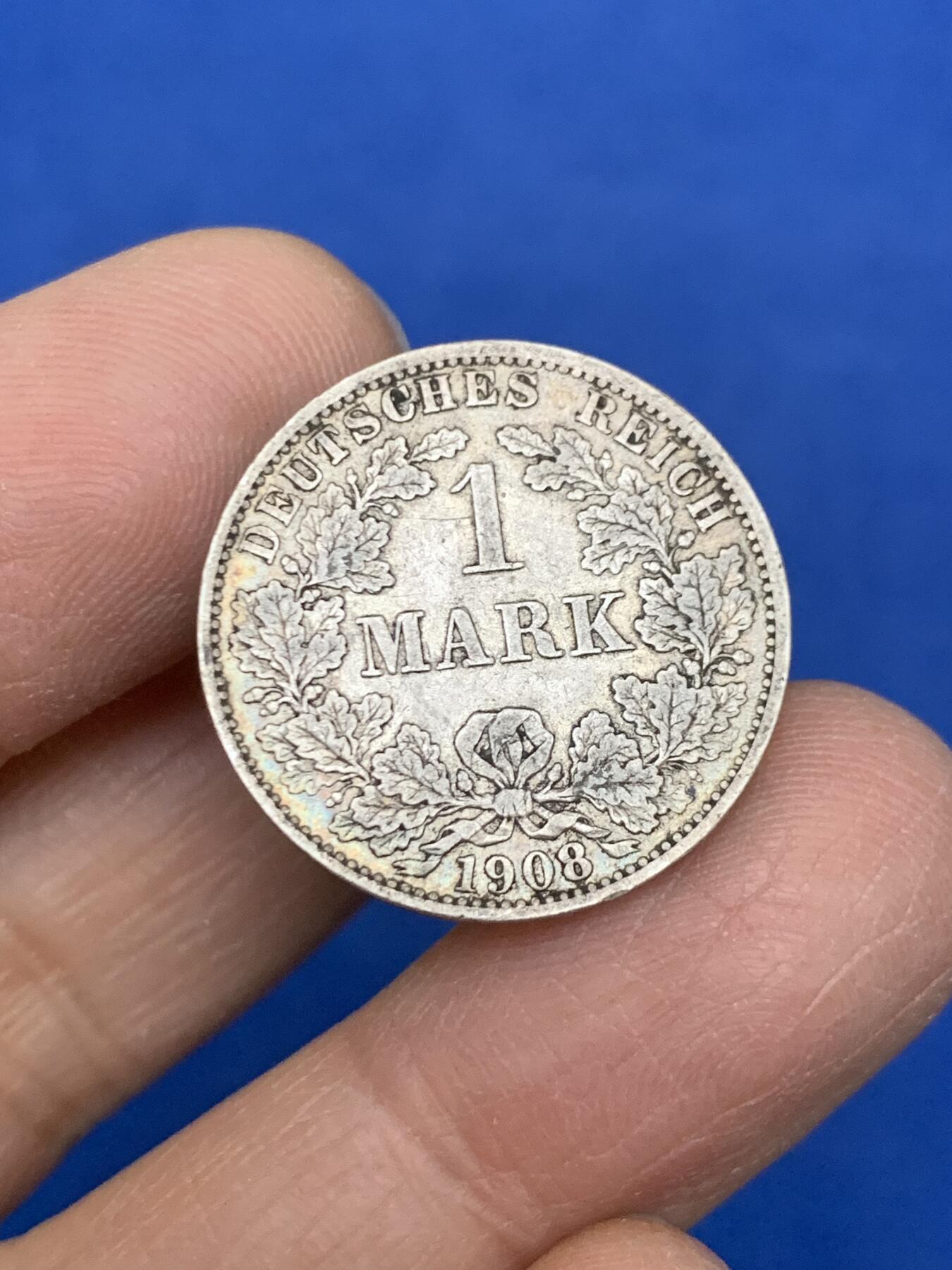 《竞宝斋》第454场 周日，周一 2场连拍 （全场包邮，欢迎送拍） 德国1908年一战普鲁士德意志鹰徽1马克银币 原味包浆