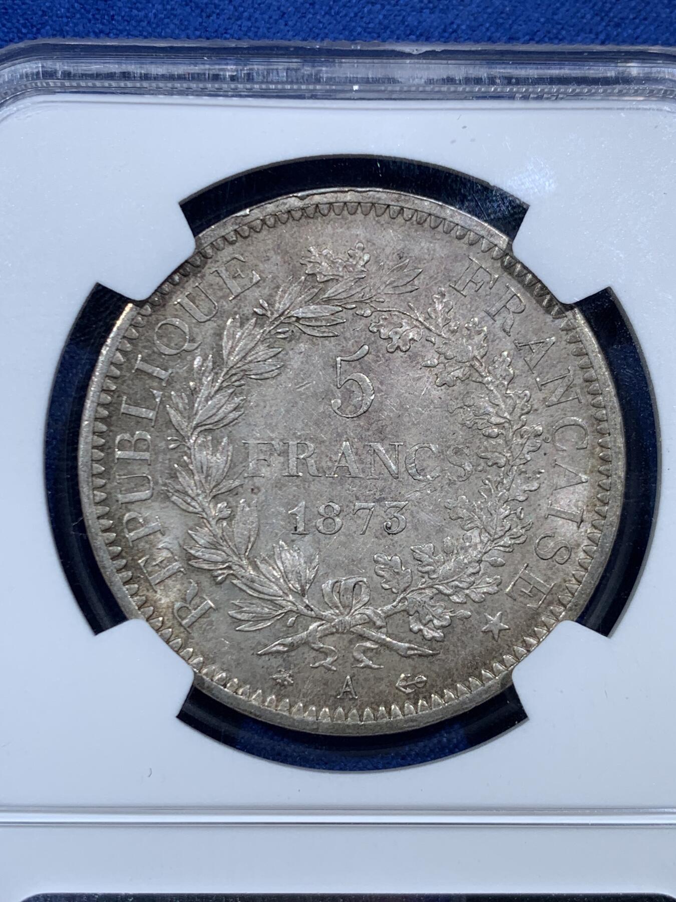 《竞宝斋》第454场 周日，周一 2场连拍 （全场包邮，欢迎送拍） NGC MS63 法国第三共和国1873年5法郎银币