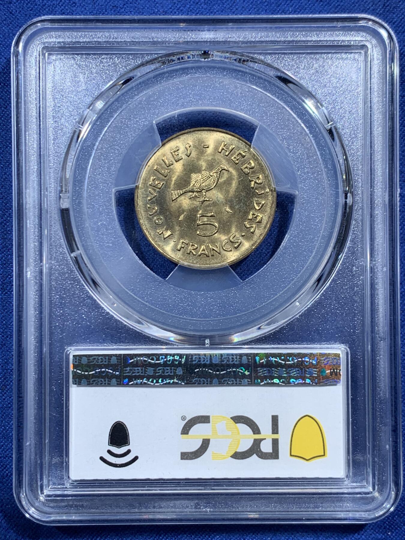 《竞宝斋》第454场 周日，周一 2场连拍 （全场包邮，欢迎送拍） PCGS MS67 法属新赫布里底群岛1970年5法郎 带些小彩包浆 PCGS唯一记录唯一冠军分