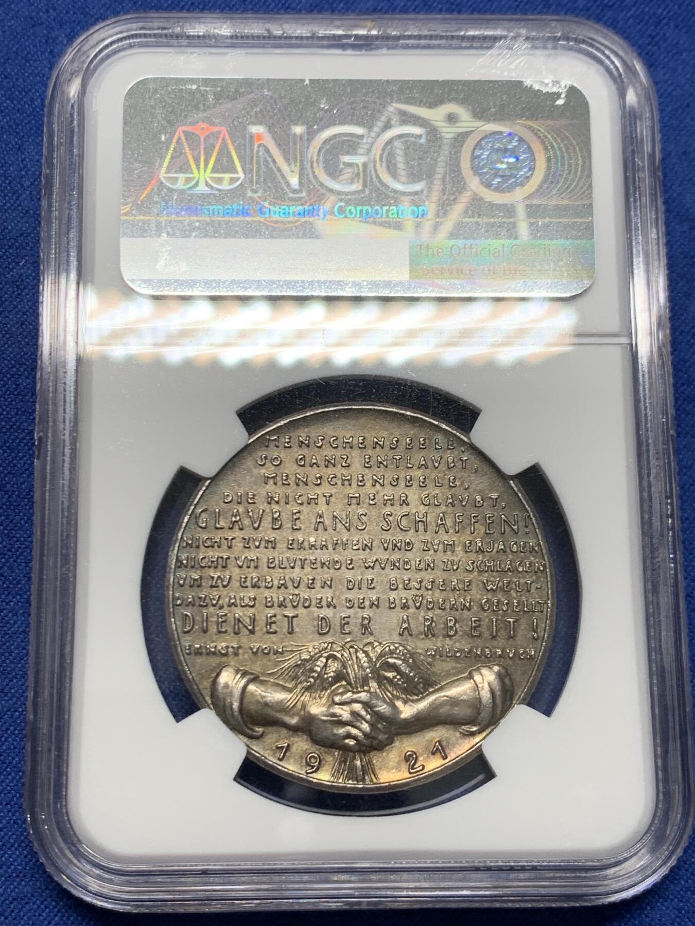 《竞宝斋》第454场 周日，周一 2场连拍 （全场包邮，欢迎送拍） NGC MS63 德国 1921 德国帝国50周年庆典及重建号召 纪念银章 卡尔哥茨作品