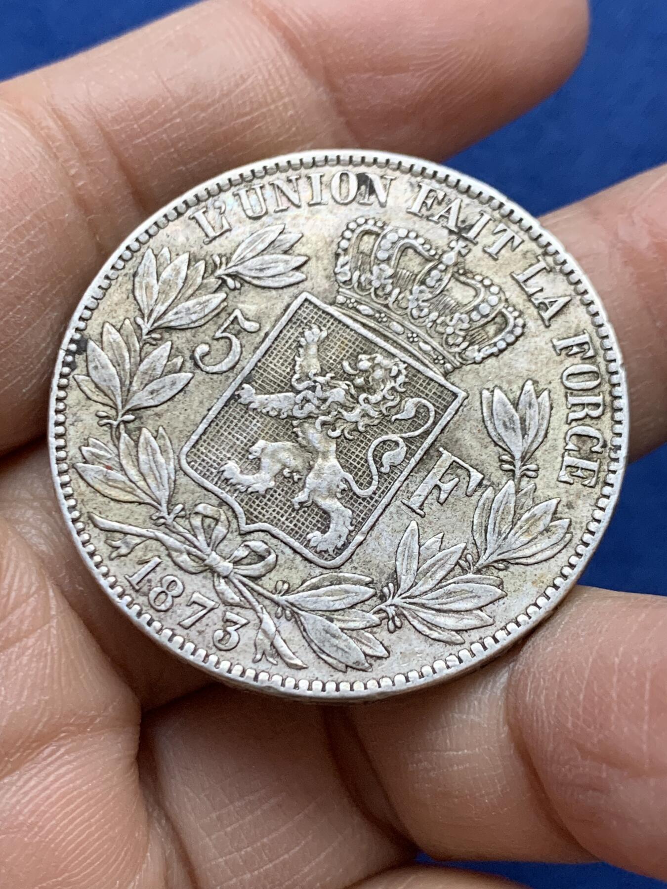 《竞宝斋》第454场 周日，周一 2场连拍 （全场包邮，欢迎送拍） 比利时1873年利奥波德二世5法郎银币