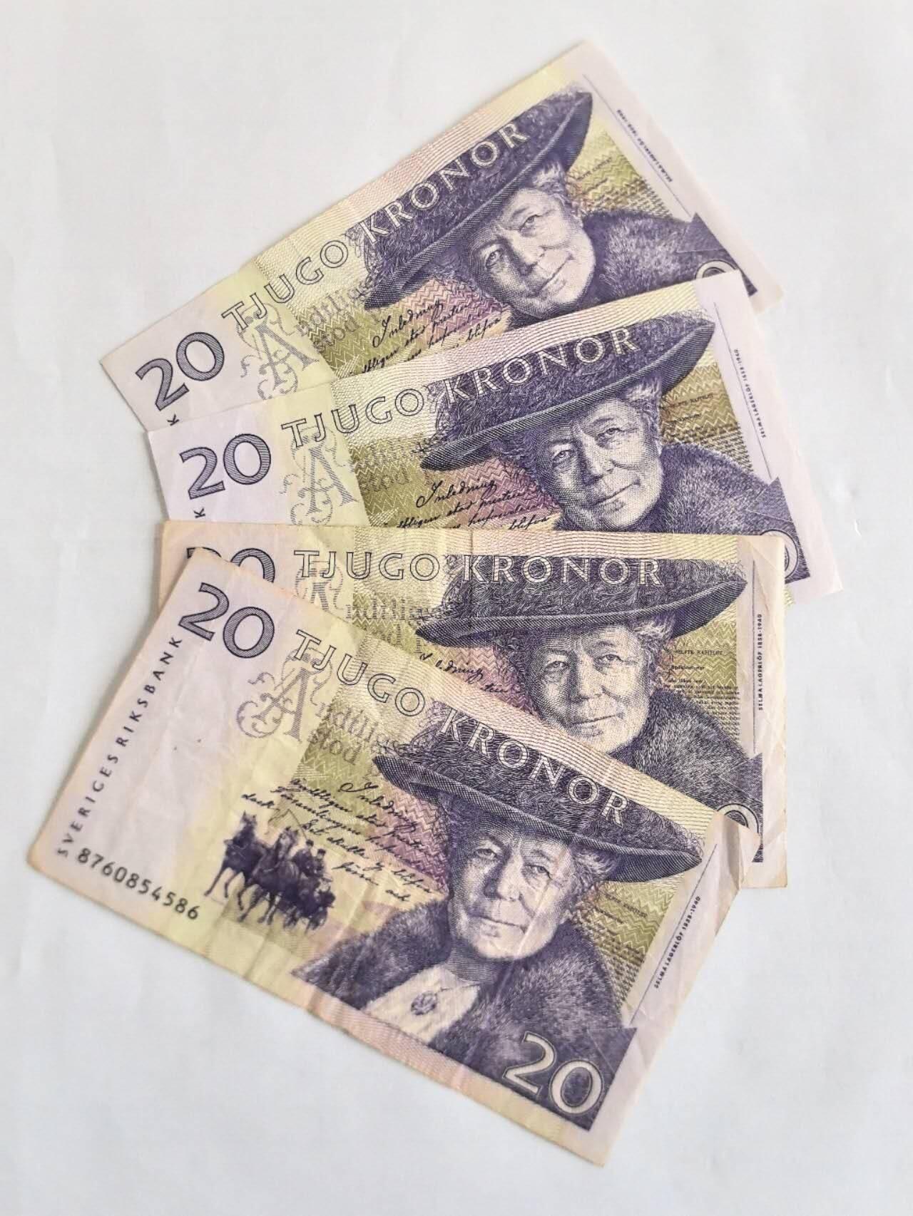 各国外币第107期 无佣金 瑞典20克朗 紫色4张