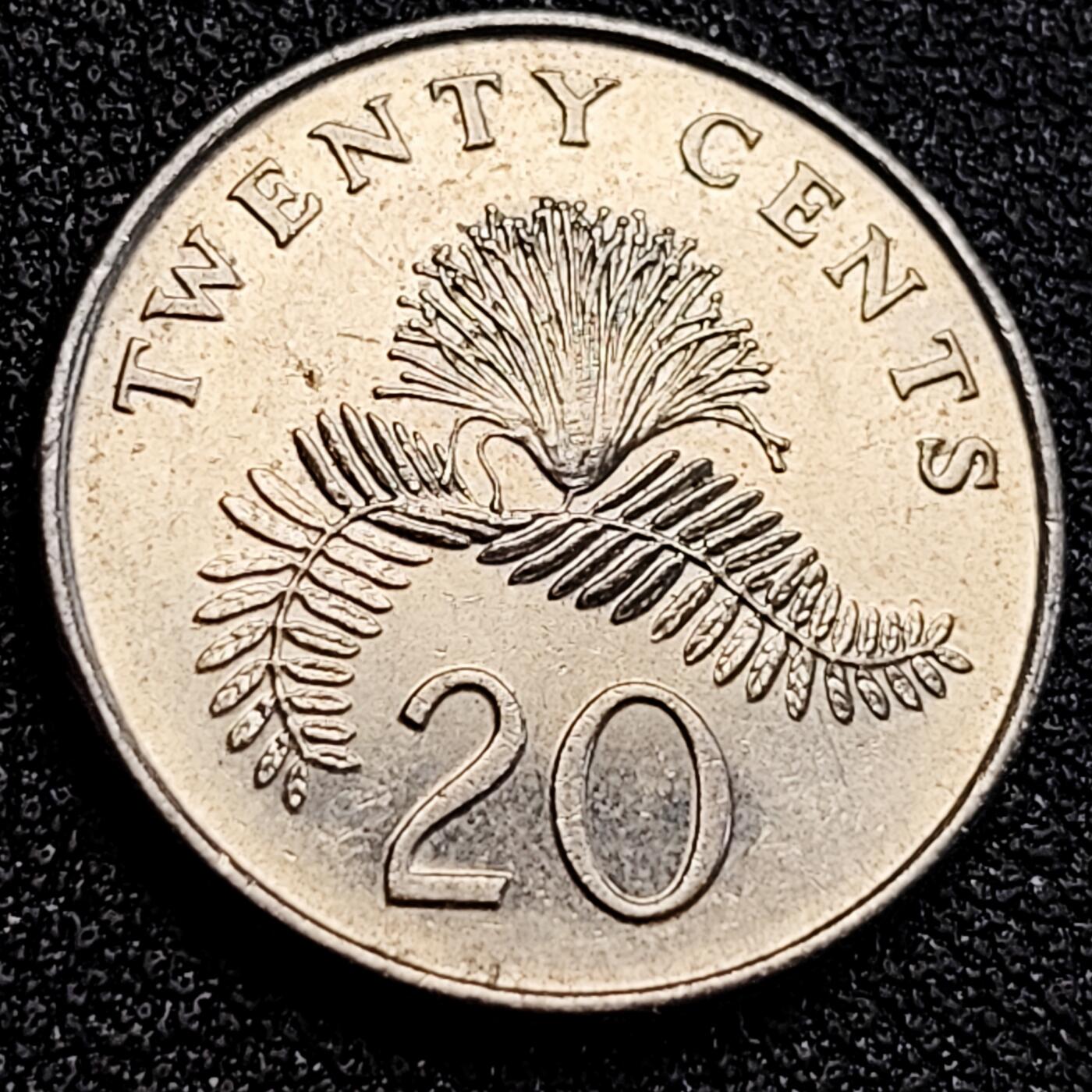 泉币菌-第163场-新年第六场 精品福利场 1986 高币值 新加坡20分 绒球花 高盾徽版 直径21.36mm