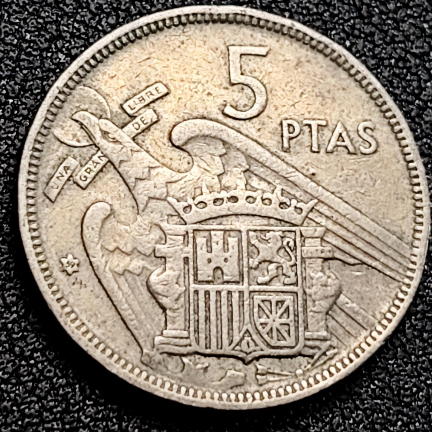 泉币菌-第162场- 新年第五场 精品福利场 西班牙5比塞塔 鹰 独裁者佛朗哥 铜镍币23mm