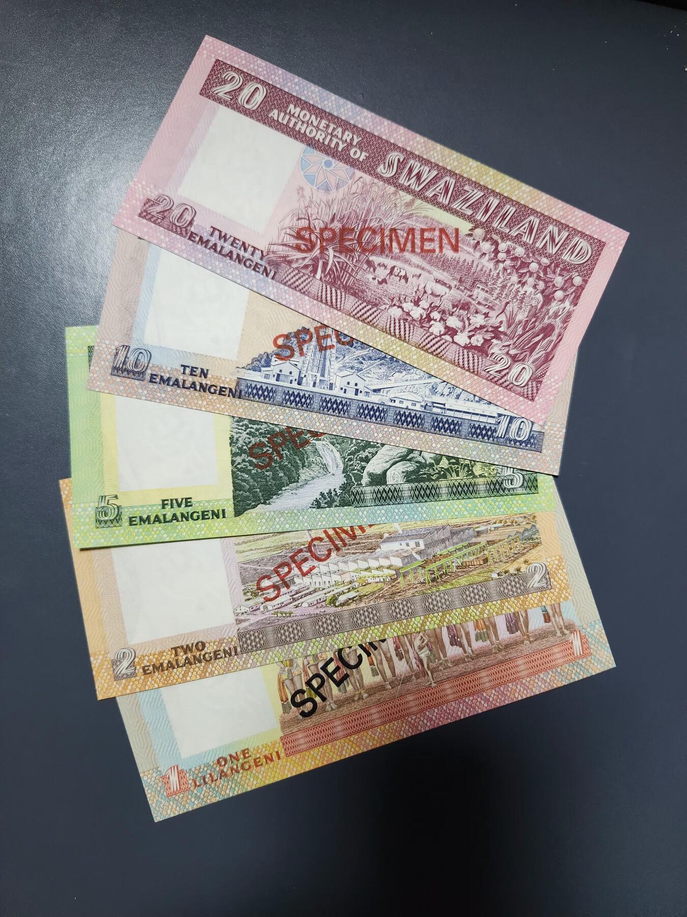 1月3号晚上8点 外国纸币自动截拍第79场 斯威士兰1-20里兰吉尼1974年5张套样钞 全新一套