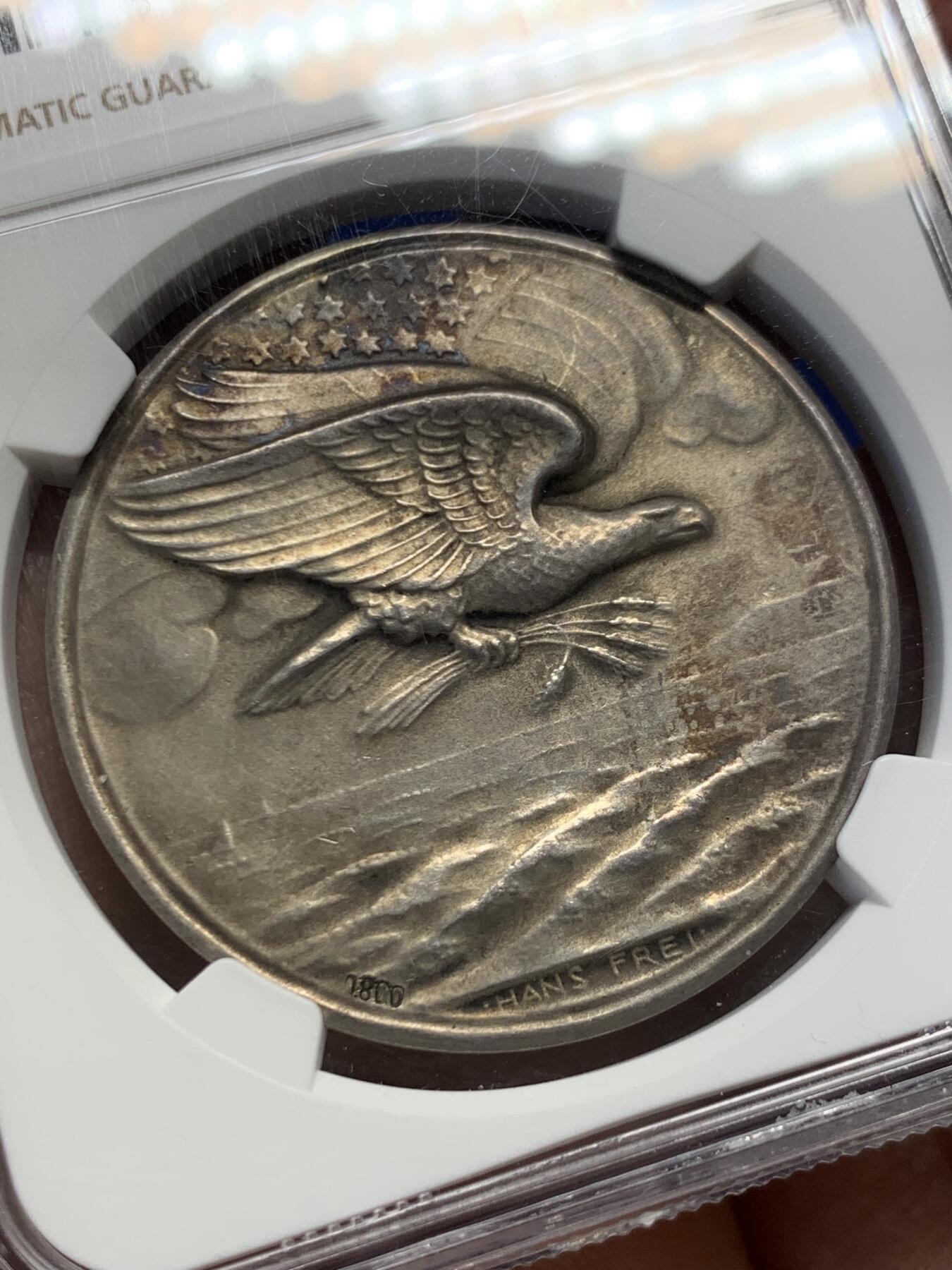 《竞宝斋》第454场 周日，周一 2场连拍 （全场包邮，欢迎送拍） NGC MS63 瑞士1918年一战感谢美国粮食援助纪念银章 原味包浆 磨砂质感 难得好品好状态