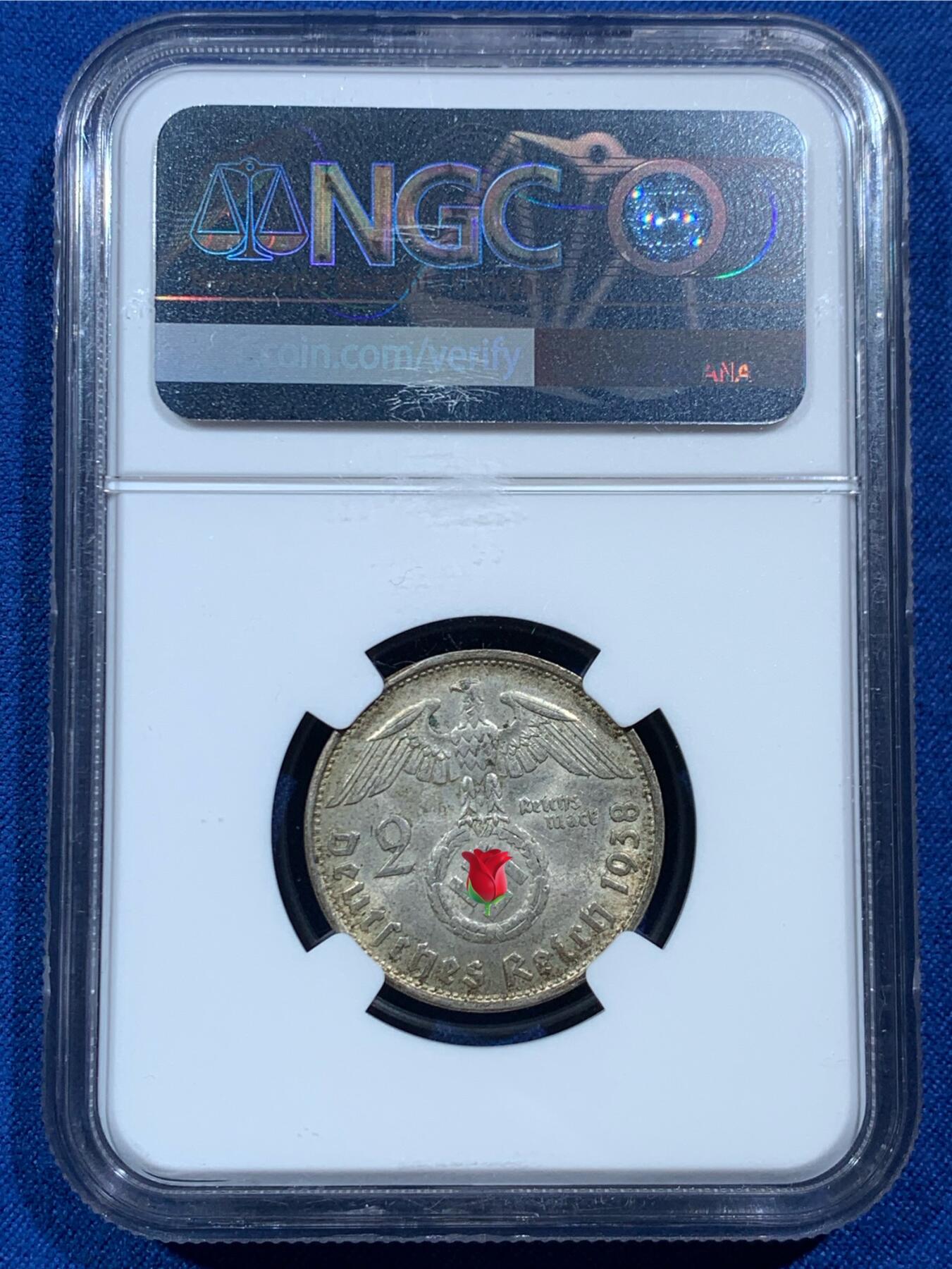 《竞宝斋》第454场 周日，周一 2场连拍 （全场包邮，欢迎送拍） NGC MS63 德国1938B兴登堡加字二马克，原光好品