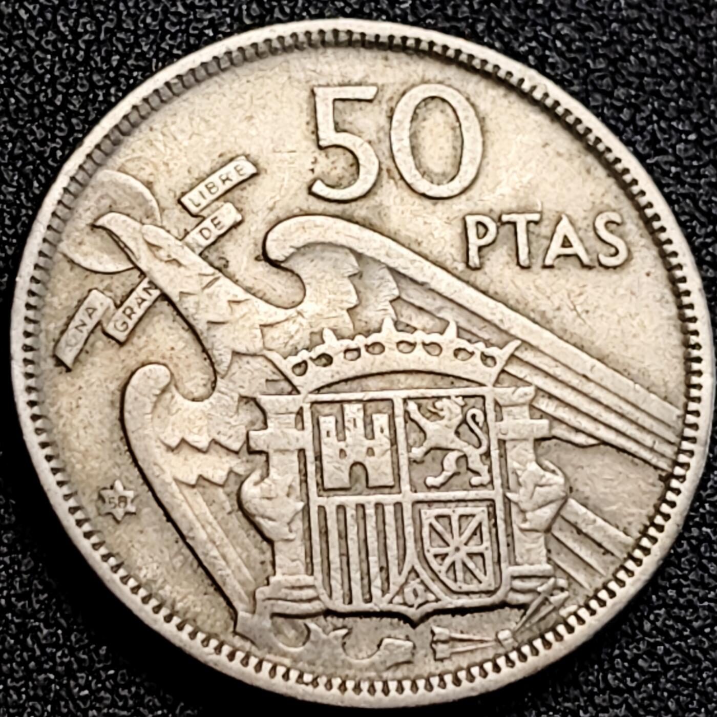 泉币菌-第162场- 新年第五场 精品福利场 大镍币 30.0MM   佛朗哥西班牙  1957年50比塞塔铜镍硬币  