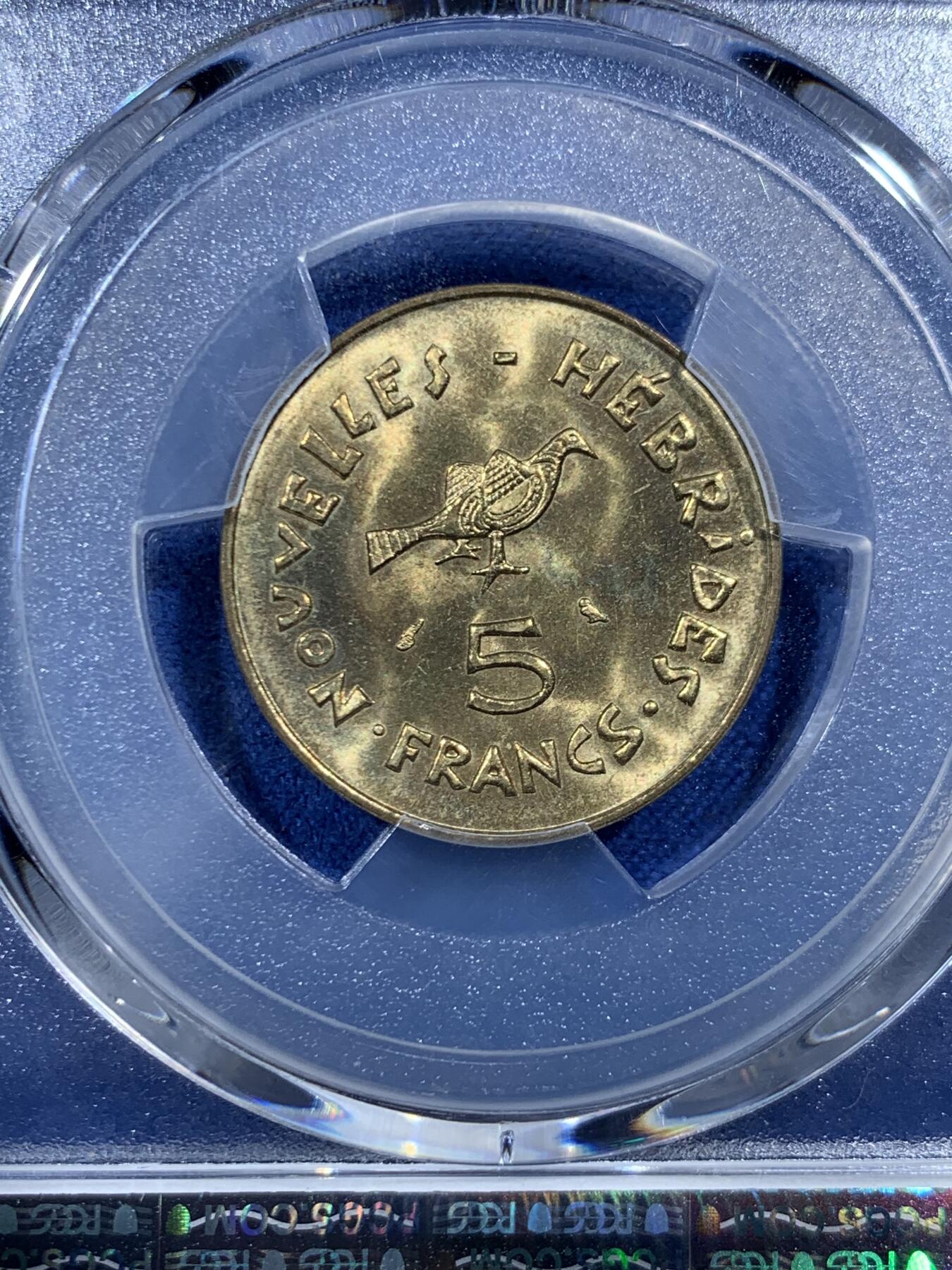 《竞宝斋》第454场 周日，周一 2场连拍 （全场包邮，欢迎送拍） PCGS MS67 法属新赫布里底群岛1970年5法郎 带些小彩包浆 PCGS唯一记录唯一冠军分