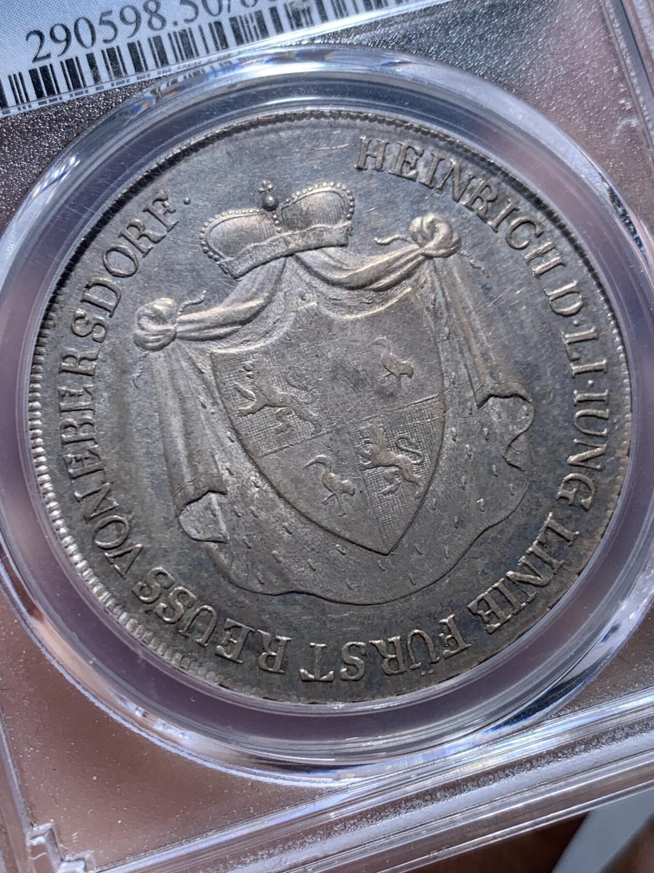 《竞宝斋》第454场 周日，周一 2场连拍 （全场包邮，欢迎送拍） 唯一亚军分 PCGS AU50 德国 1812年 罗伊斯-埃伯斯多夫公国 泰勒大银币 该地名唯一大银币 发行量1575枚 有分的记录共两枚 难得一见