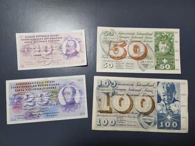 1月3号晚上8点 外国纸币自动截拍第79场 - 瑞士10-20-50-100原票一套