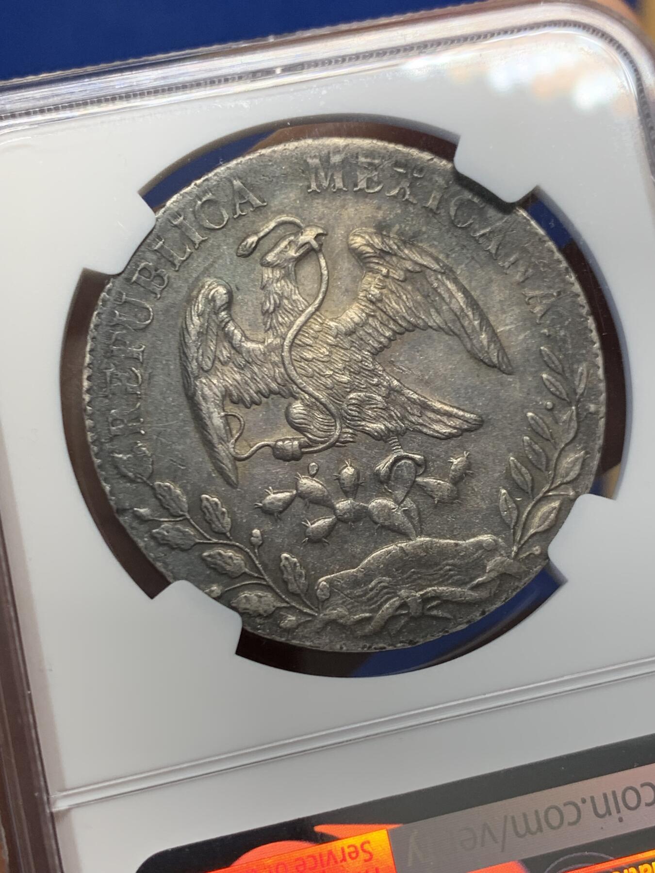 《竞宝斋》第454场 周日，周一 2场连拍 （全场包邮，欢迎送拍） NGC AU53 墨西哥1890年花边鹰洋8R 包浆好，DO厂较少见