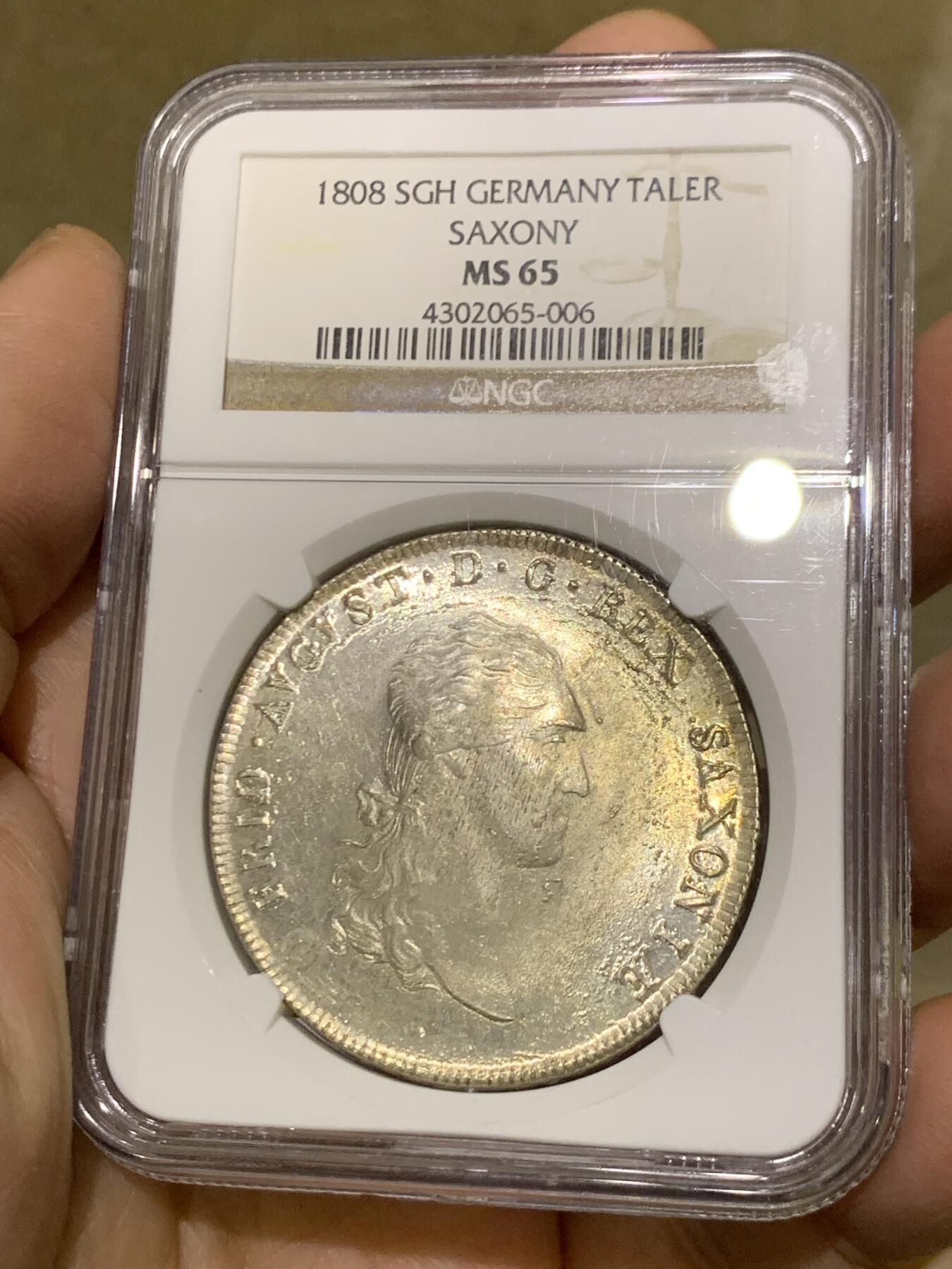 《竞宝斋》第454场 周日，周一 2场连拍 （全场包邮，欢迎送拍） 唯一冠军分 NGC MS65 德国 1808年 萨克森王国 奥古斯特一世 泰勒大银币 顶级状态