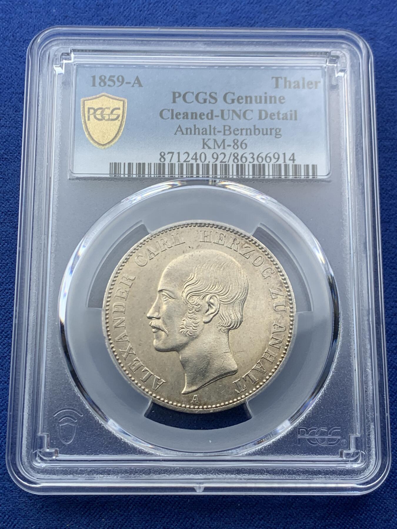 《竞宝斋》第454场 周日，周一 2场连拍 （全场包邮，欢迎送拍） PCGS UNCD 德国安哈特 1859年1泰勒 银币