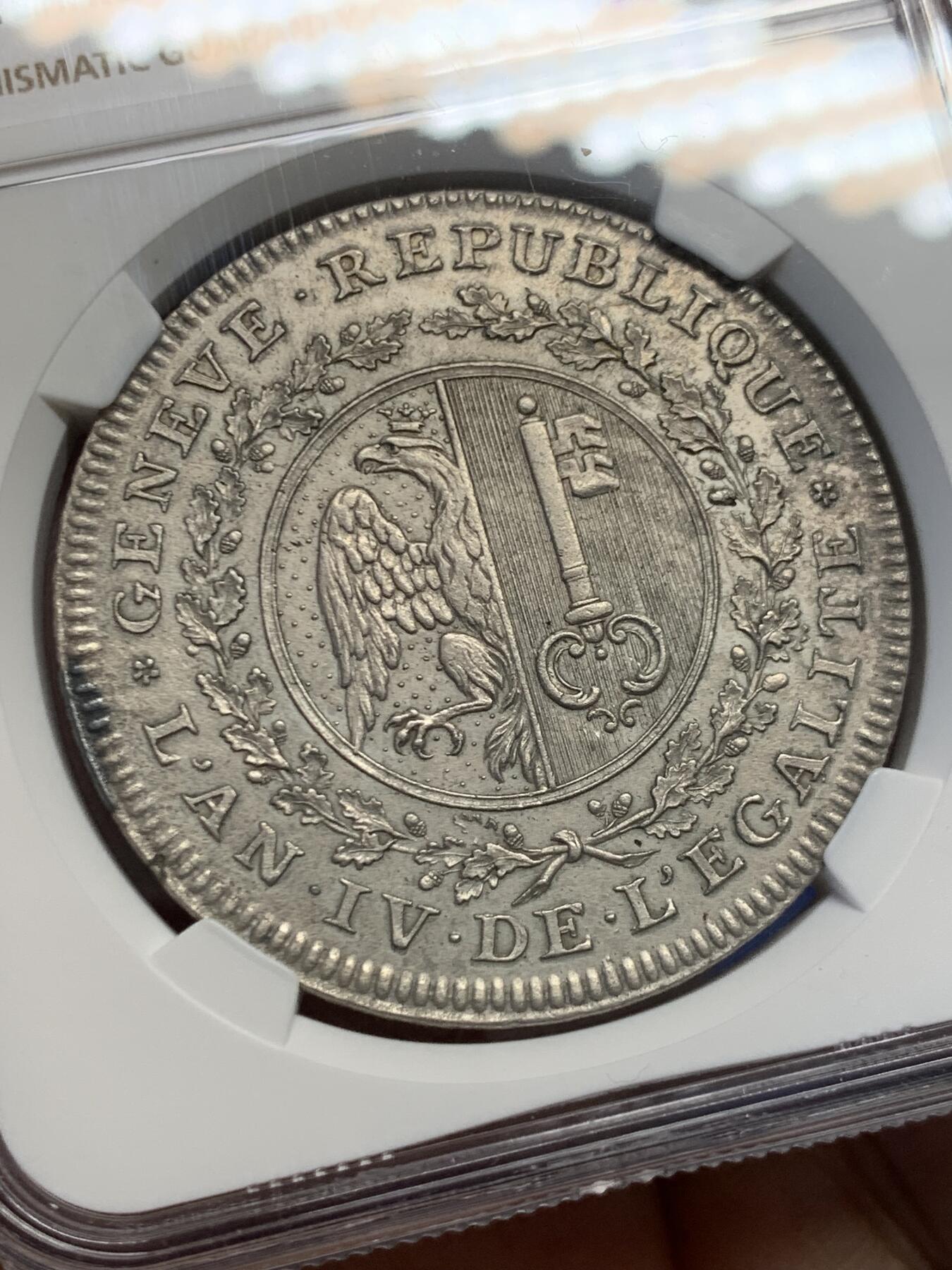 《竞宝斋》第454场 周日，周一 2场连拍 （全场包邮，欢迎送拍） NGC UNC 瑞士 1795年 日内瓦12福林(1泰勒)大银币 单一年份 发行仅2.1万枚 难遇品种