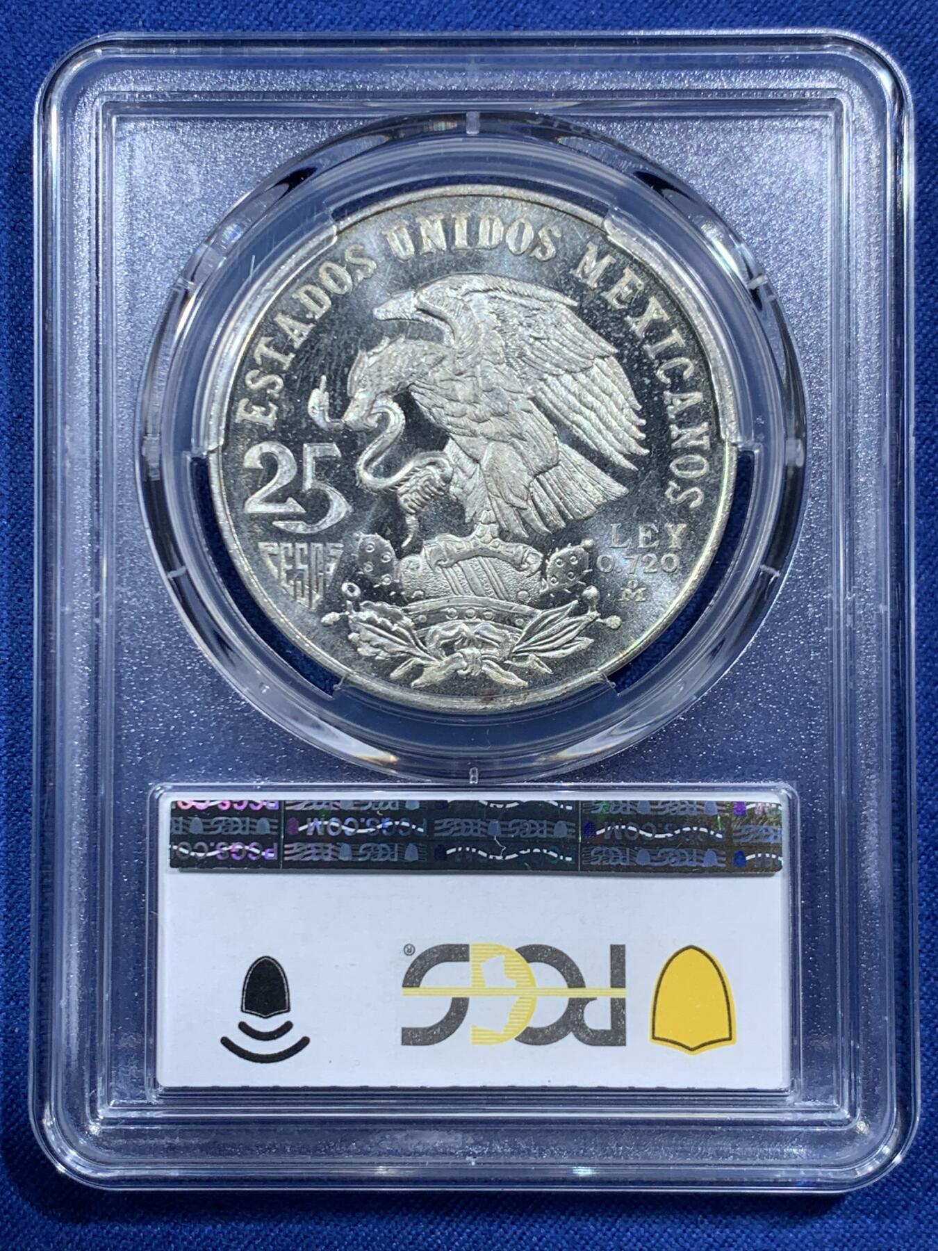 《竞宝斋》第454场 周日，周一 2场连拍 （全场包邮，欢迎送拍） PCGS MS67 墨西哥1968年25比索奥运纪念 经典品种 卷拆品高分，两面爆光银光赏心悦目适合收藏