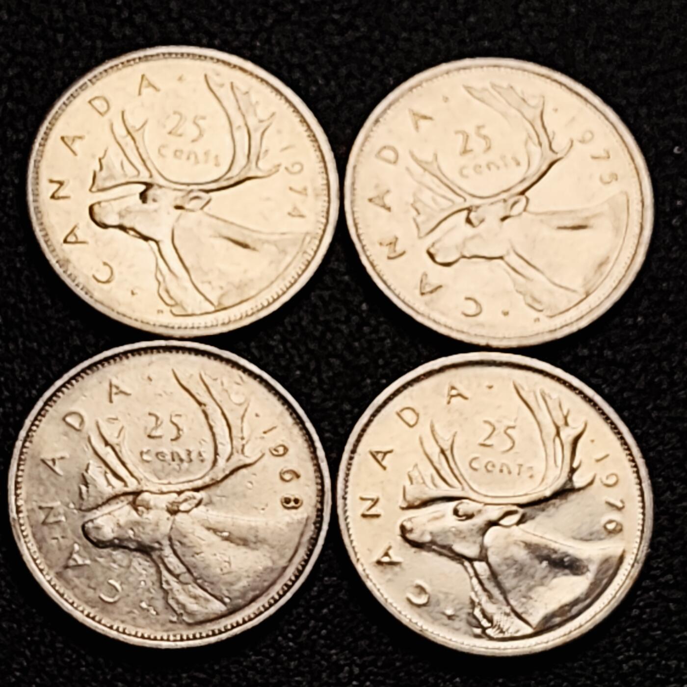 泉币菌-第162场- 新年第五场 精品福利场 高币值 一加元 一组4枚 加拿大驯鹿1/4元 英国伊丽莎白二世女王像 23.9mm