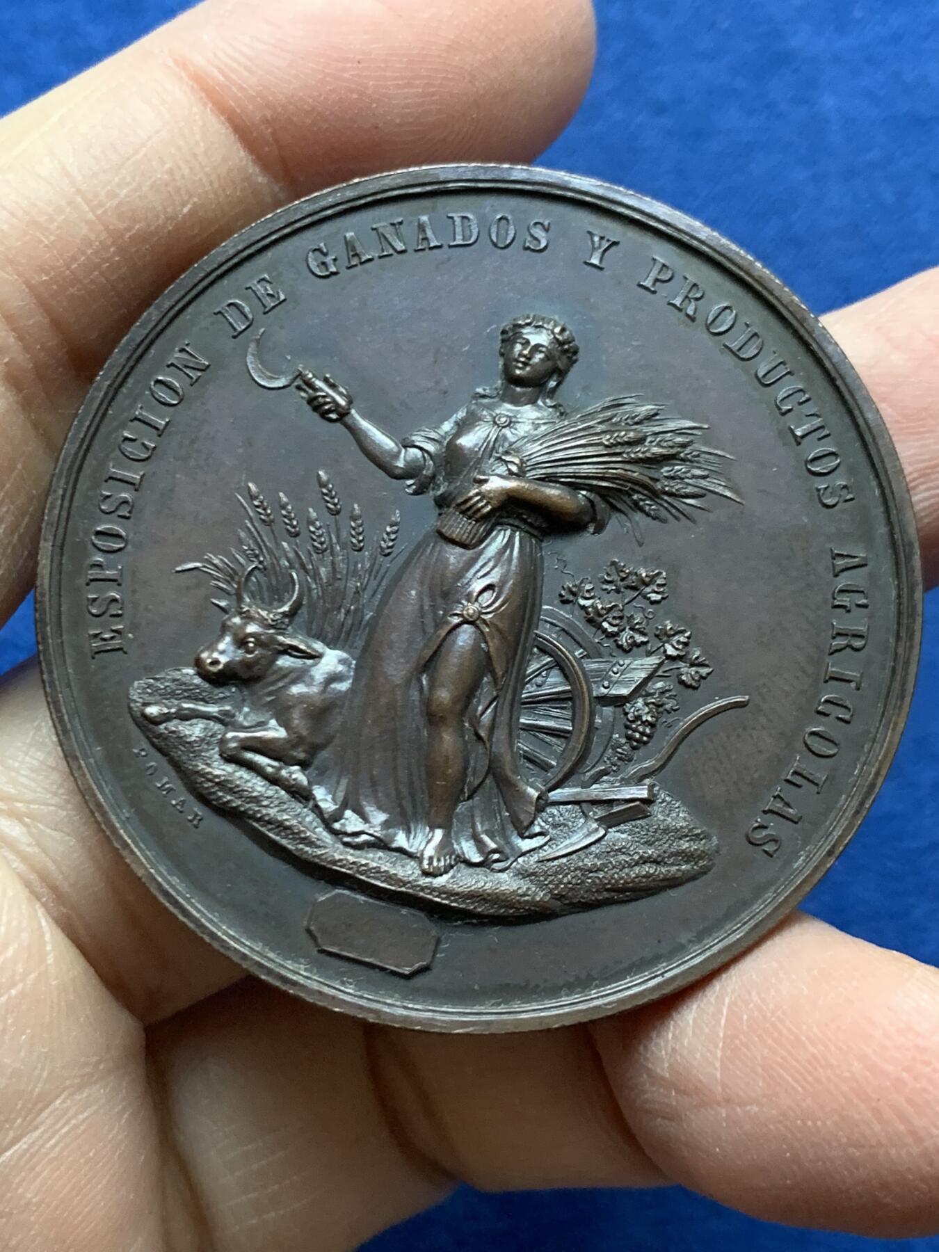 《竞宝斋》第454场 周日，周一 2场连拍 （全场包邮，欢迎送拍） 西班牙吉普斯夸省家畜与农产品展览会铜章 52.5克 47mm 带原盒