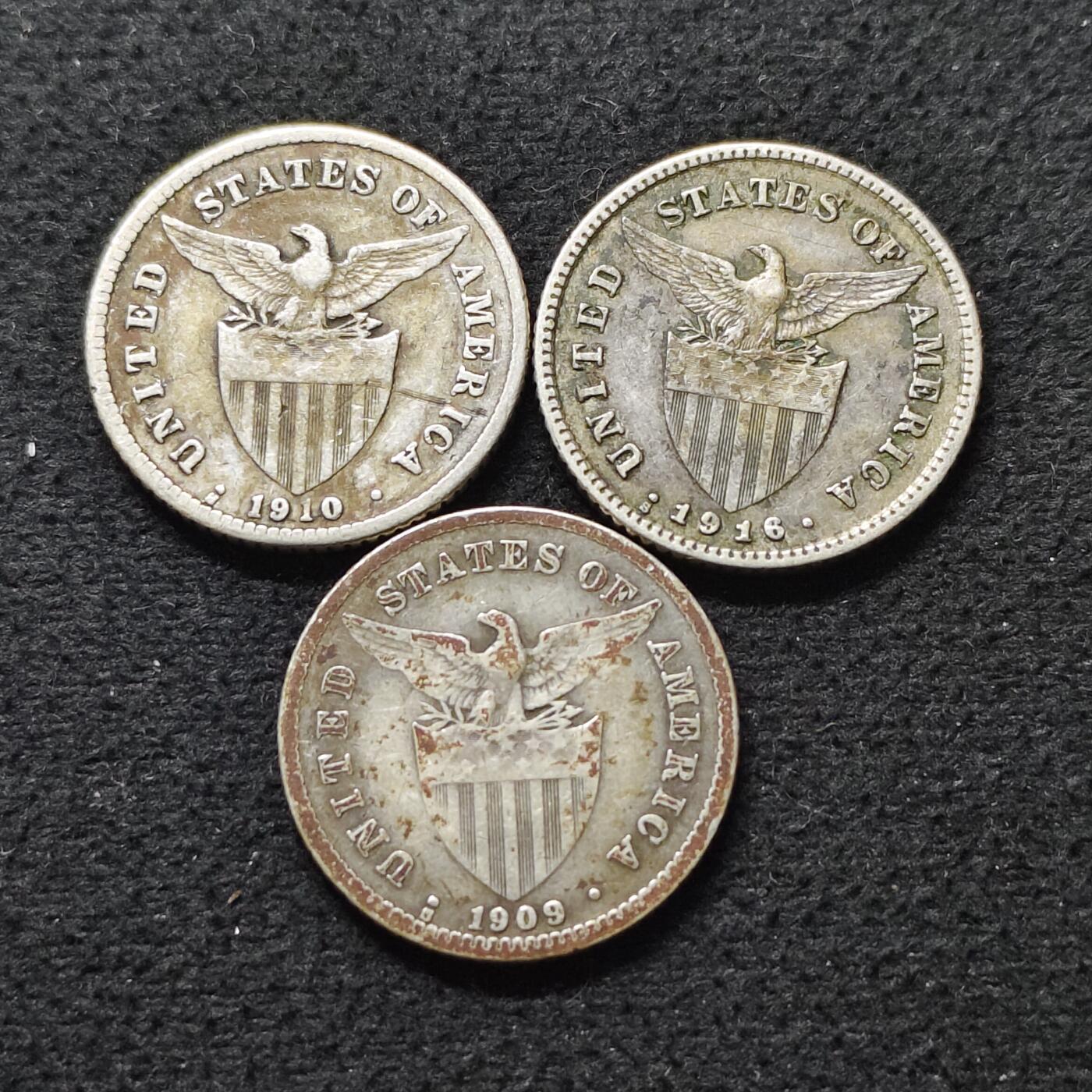 【全场包邮】纯粹捡漏拍493场 美属菲律宾1909-1916年早期飞鹰版20分银币3枚一组【20.68毫米4克，纯银价约162元（按18元银价折算）】