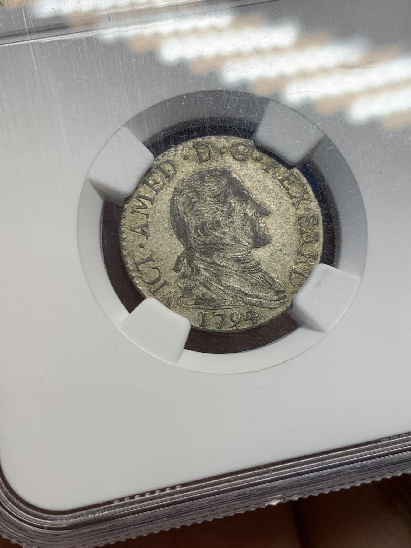 《竞宝斋》第454场 周日，周一 2场连拍 （全场包邮，欢迎送拍） NGC XF45 意大利 撒丁王国 1794年 10索尔 银币 细节不错 少见品种