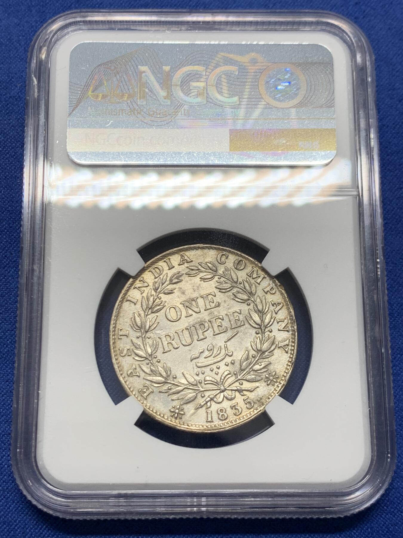 《竞宝斋》第454场 周日，周一 2场连拍 （全场包邮，欢迎送拍） NGC UNCD 印度1835年卢比 威廉四世头像，MS轻松过千，这枚UNCD细节不错