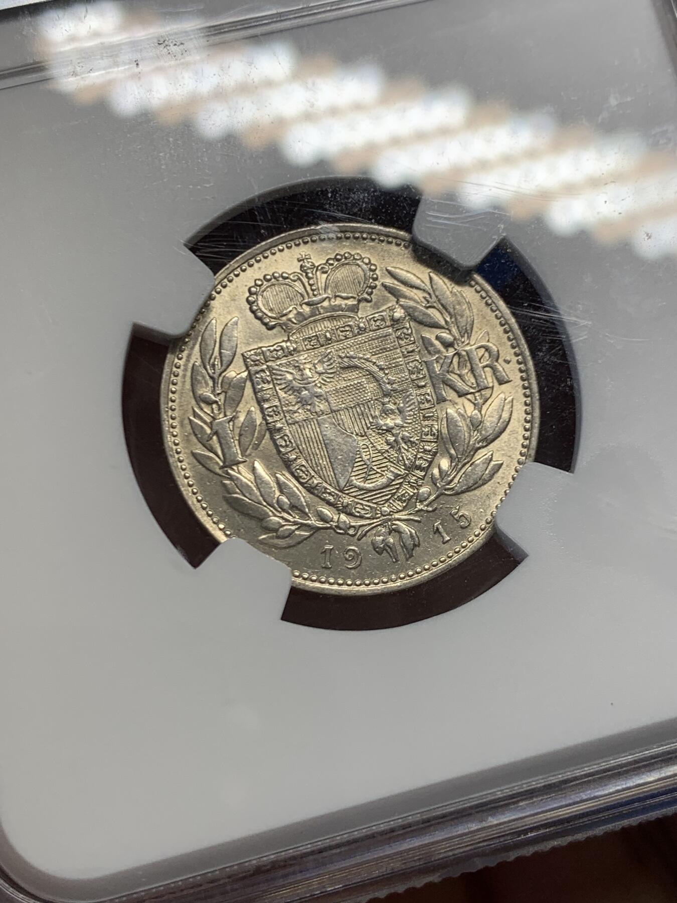 《竞宝斋》第454场 周日，周一 2场连拍 （全场包邮，欢迎送拍） NGC UNC 列支登士登 1915年 约翰二世 1克朗银币 发行量75000枚 品相不错