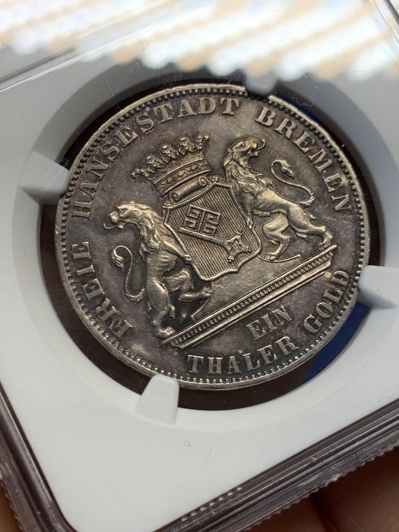 《竞宝斋》第454场 周日，周一 2场连拍 （全场包邮，欢迎送拍） NGC MS61 德国 1865年 不莱梅 射击节纪念1泰勒