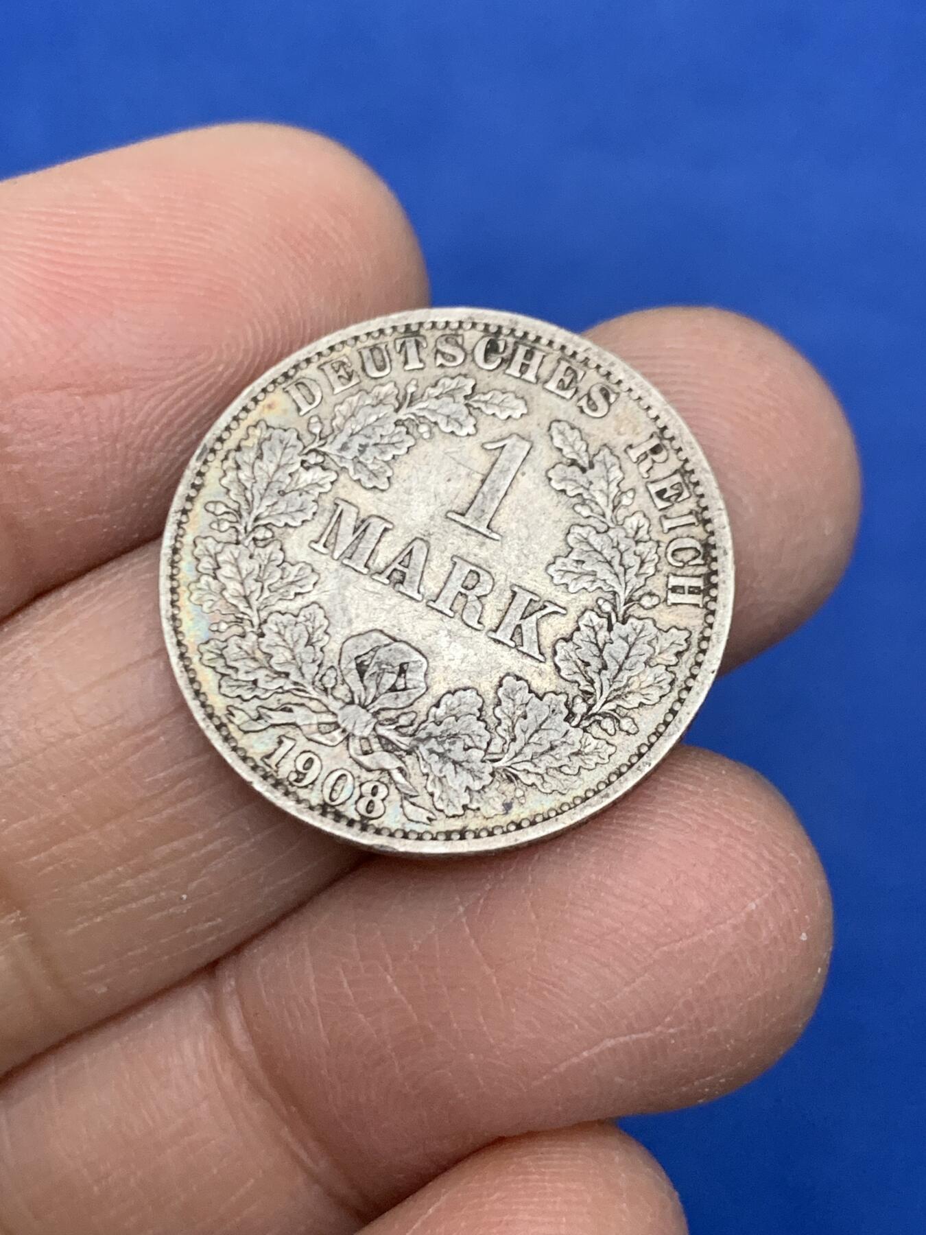 《竞宝斋》第454场 周日，周一 2场连拍 （全场包邮，欢迎送拍） 德国1908年一战普鲁士德意志鹰徽1马克银币 原味包浆