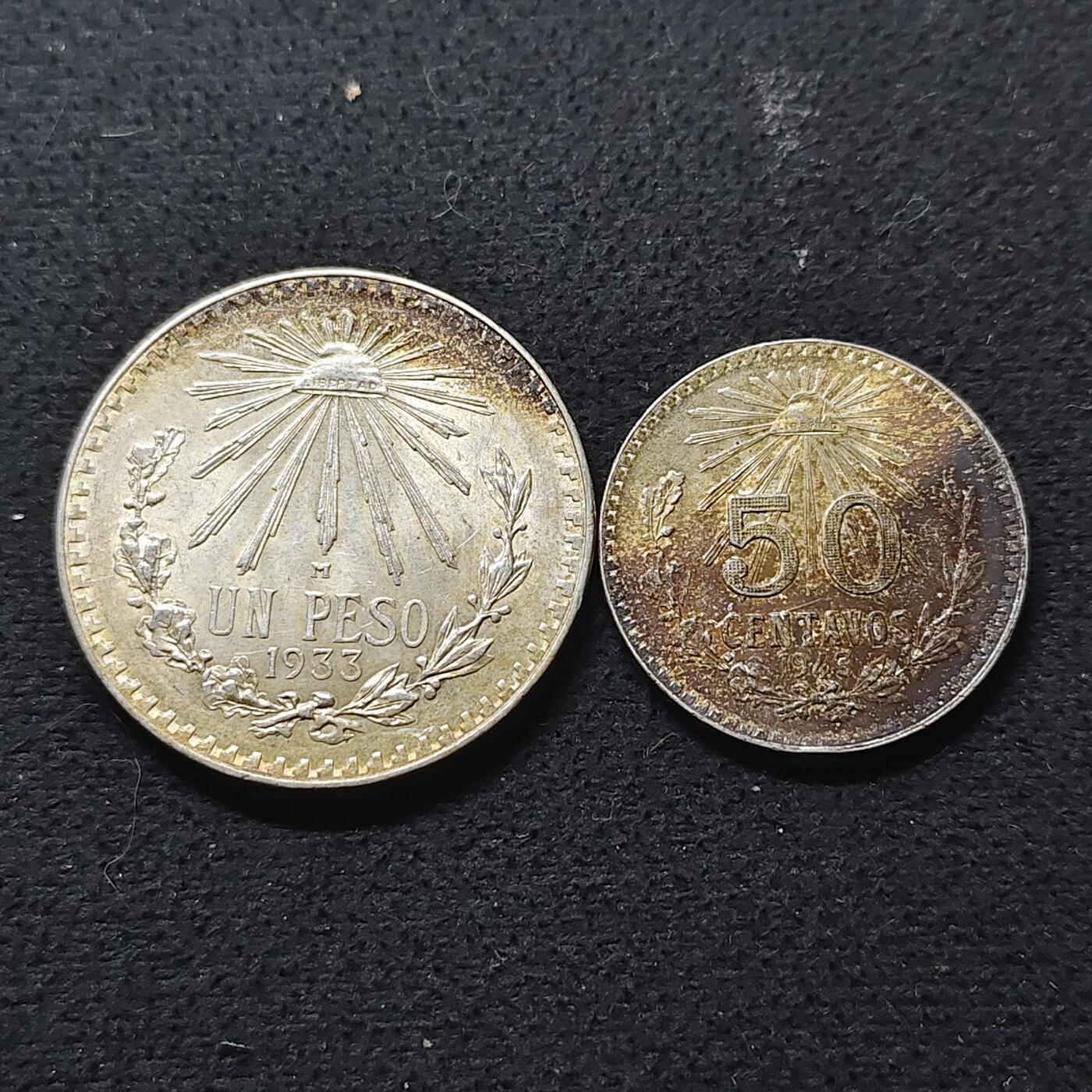【全场包邮】纯粹捡漏拍493场 墨西哥1933-1943年咬蛇鹰版50分-1比索银币2枚一组【8.33克+16.66克，纯银价约324元（按18元银价折算）】