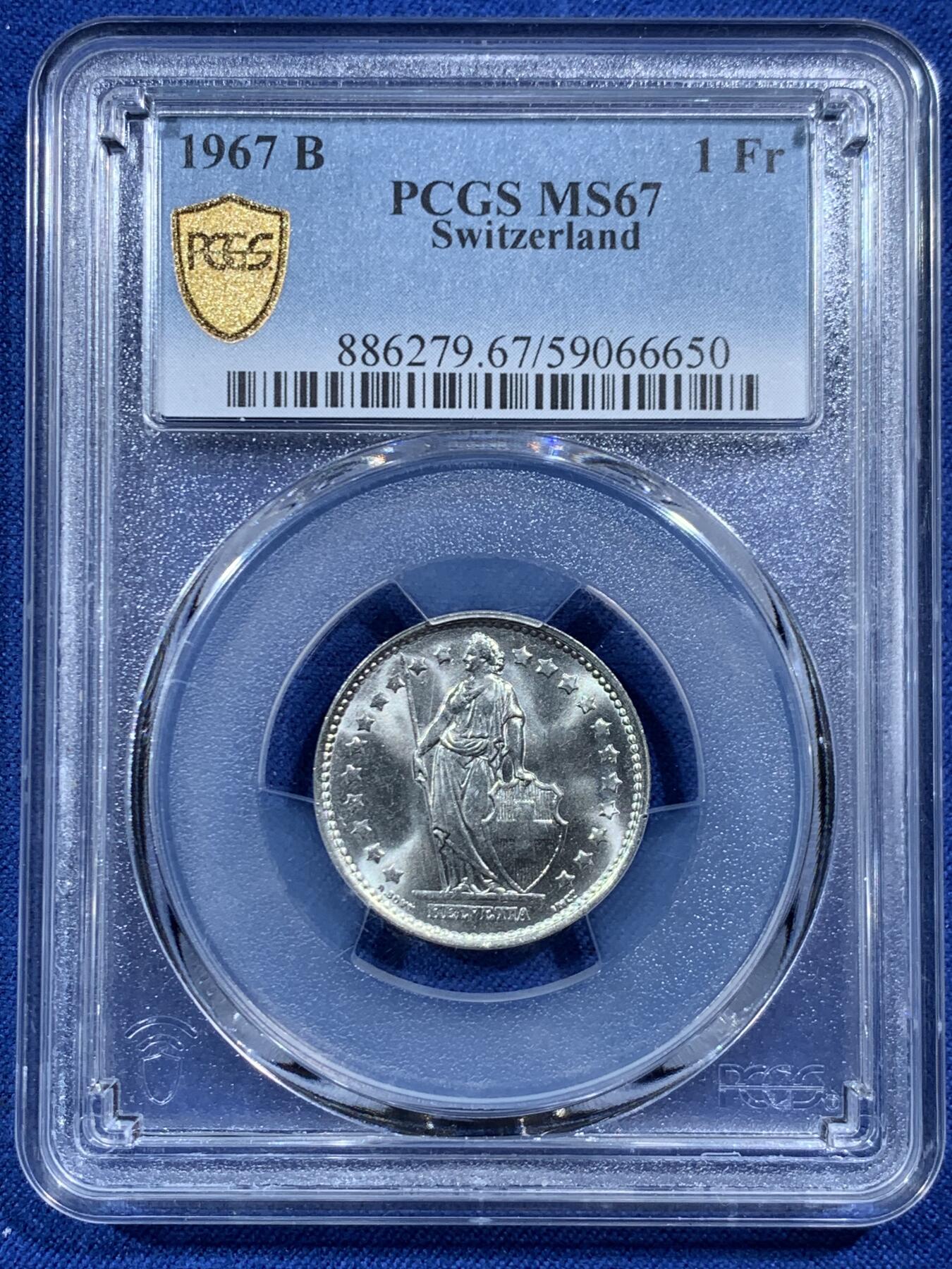 《竞宝斋》第454场 周日，周一 2场连拍 （全场包邮，欢迎送拍） 三枚一组 PCGS MS65-67 瑞士雪山女神1法郎银币 1966年+1967年