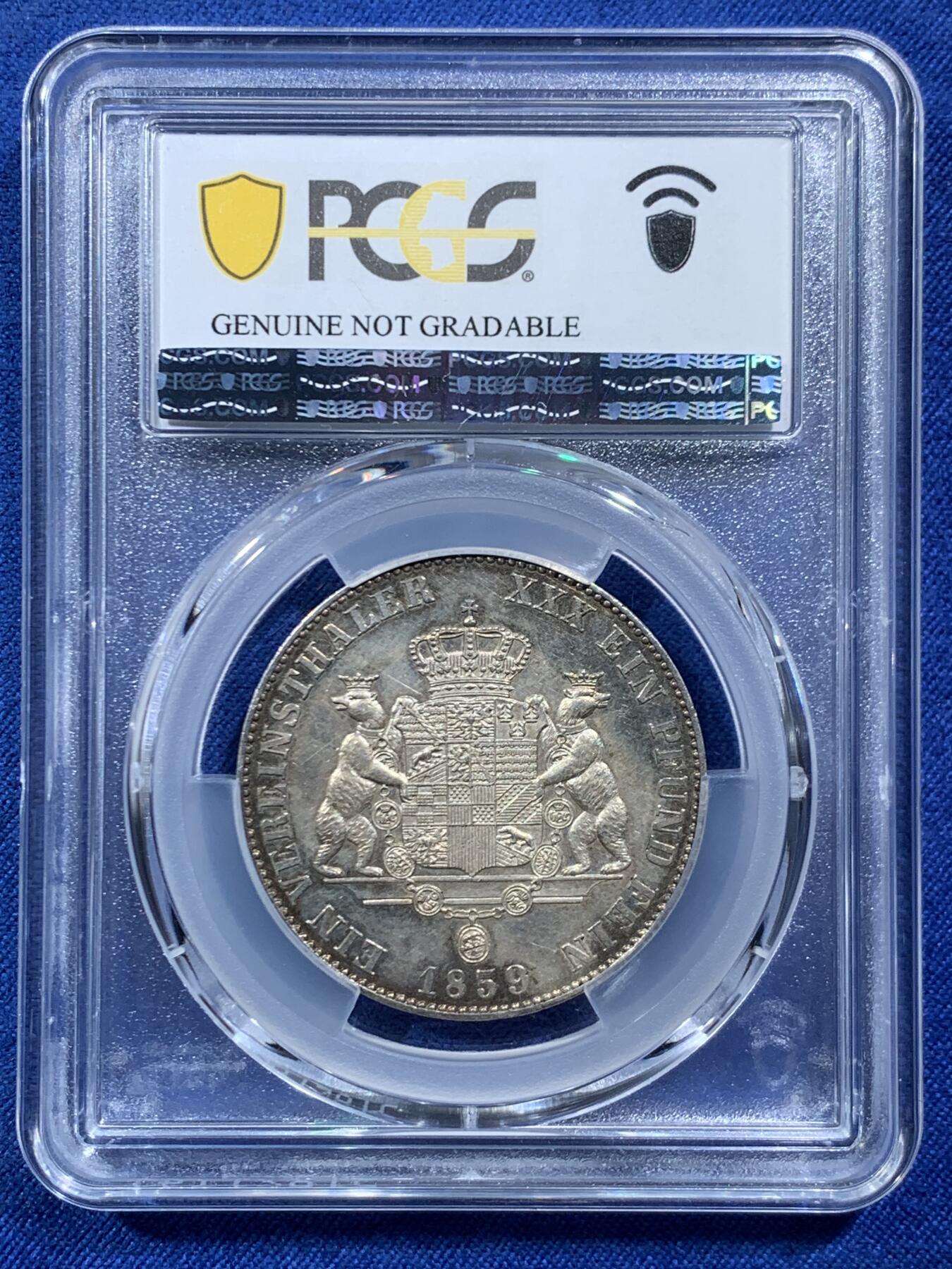 《竞宝斋》第454场 周日，周一 2场连拍 （全场包邮，欢迎送拍） PCGS UNCD 德国安哈特 1859年1泰勒 银币