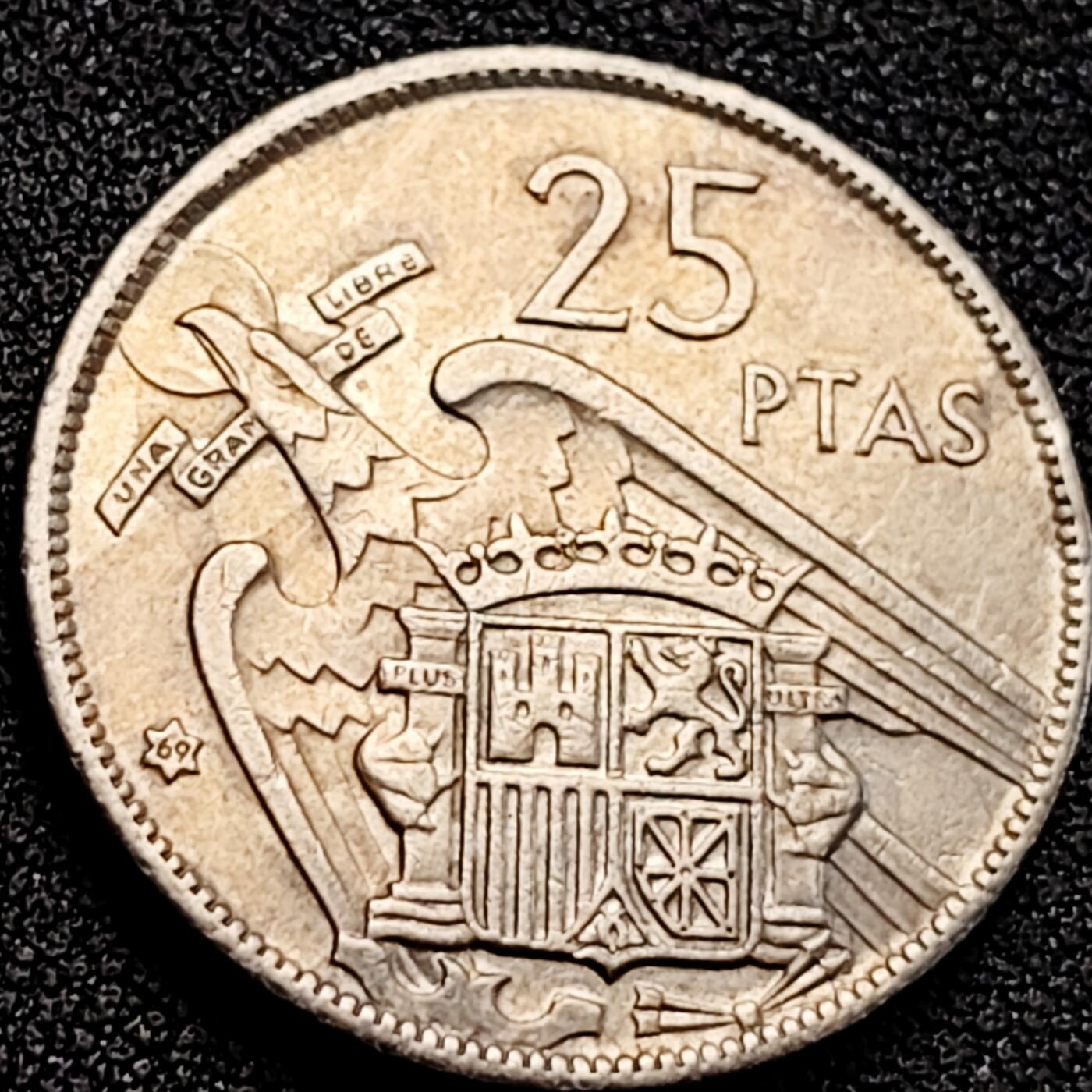 泉币菌-第162场- 新年第五场 精品福利场 弗朗西斯科佛朗哥 西班牙1957年25比塞塔銅镍硬币26.5mm8.5g