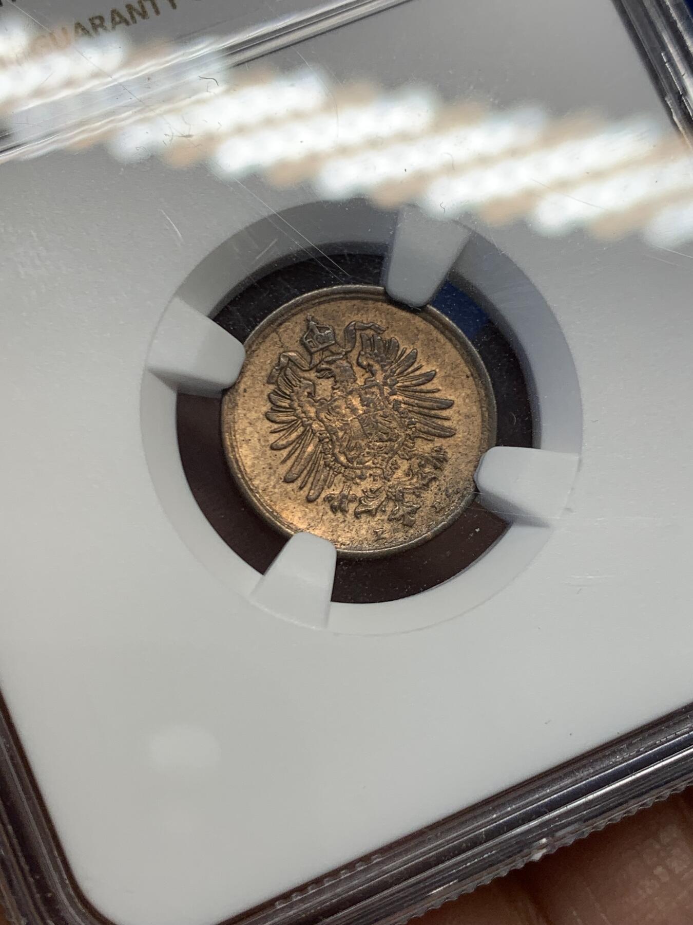 《竞宝斋》第454场 周日，周一 2场连拍 （全场包邮，欢迎送拍） NGC AU58BN 德国普鲁士 1876年 1芬尼 铜币 盒子角上有磕