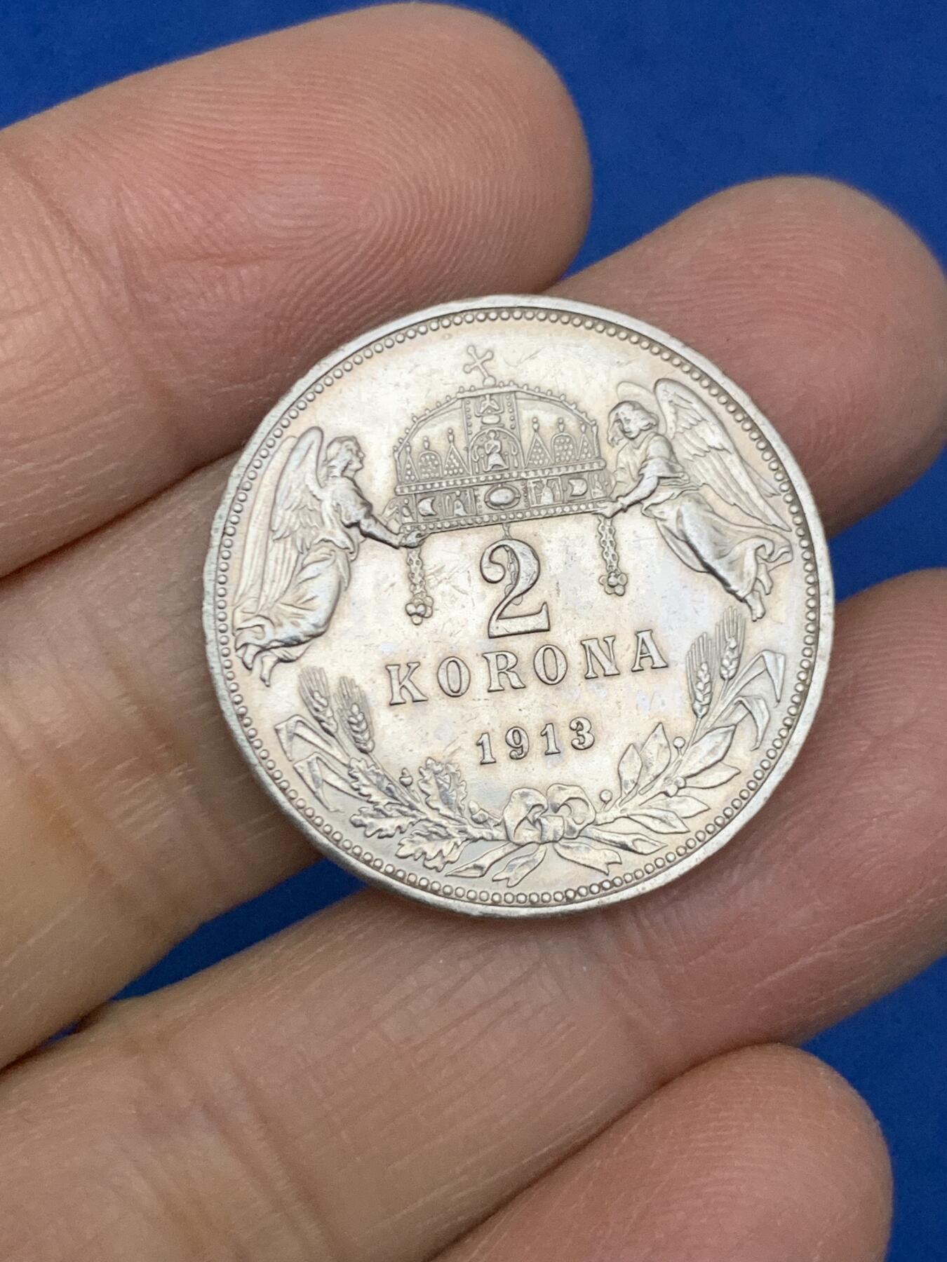 《竞宝斋》第454场 周日，周一 2场连拍 （全场包邮，欢迎送拍） 奥匈帝国1913年匈牙利双天使2克朗银币 好品