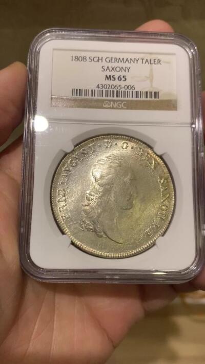 《竞宝斋》第454场 周日，周一 2场连拍 （全场包邮，欢迎送拍） 唯一冠军分 NGC MS65 德国 1808年 萨克森王国 奥古斯特一世 泰勒大银币 顶级状态