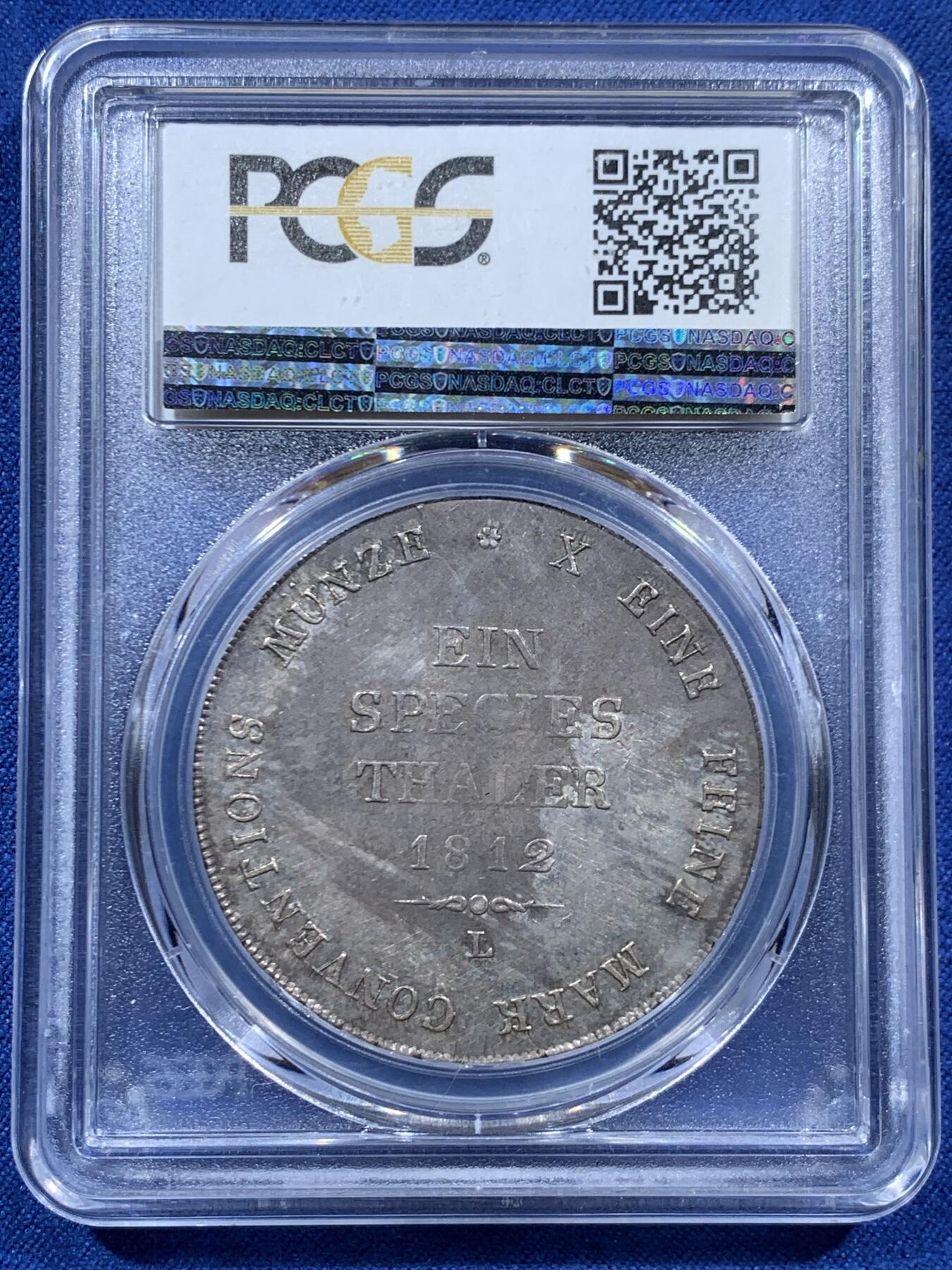 《竞宝斋》第454场 周日，周一 2场连拍 （全场包邮，欢迎送拍） 唯一亚军分 PCGS AU50 德国 1812年 罗伊斯-埃伯斯多夫公国 泰勒大银币 该地名唯一大银币 发行量1575枚 有分的记录共两枚 难得一见