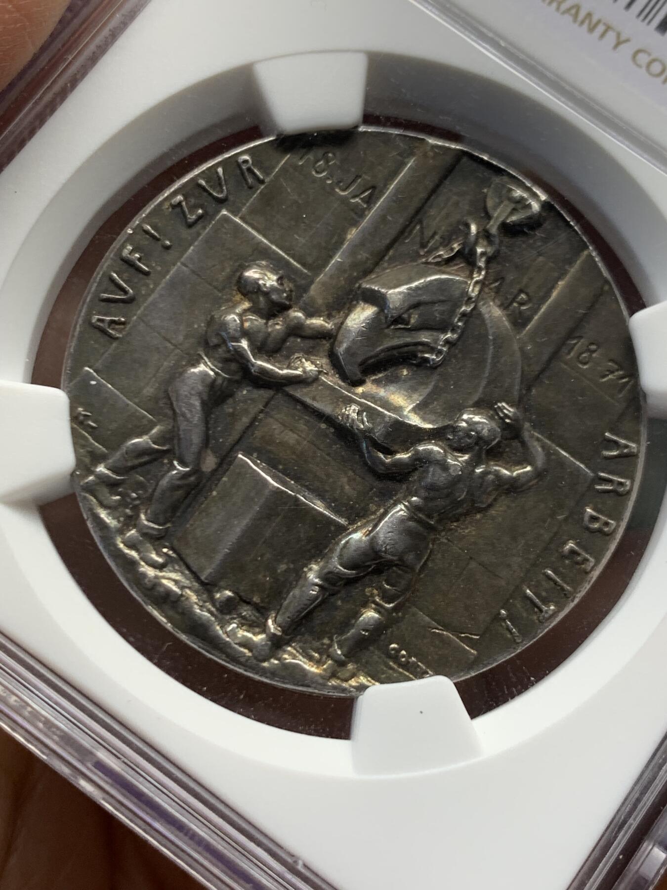 《竞宝斋》第454场 周日，周一 2场连拍 （全场包邮，欢迎送拍） NGC MS63 德国 1921 德国帝国50周年庆典及重建号召 纪念银章 卡尔哥茨作品