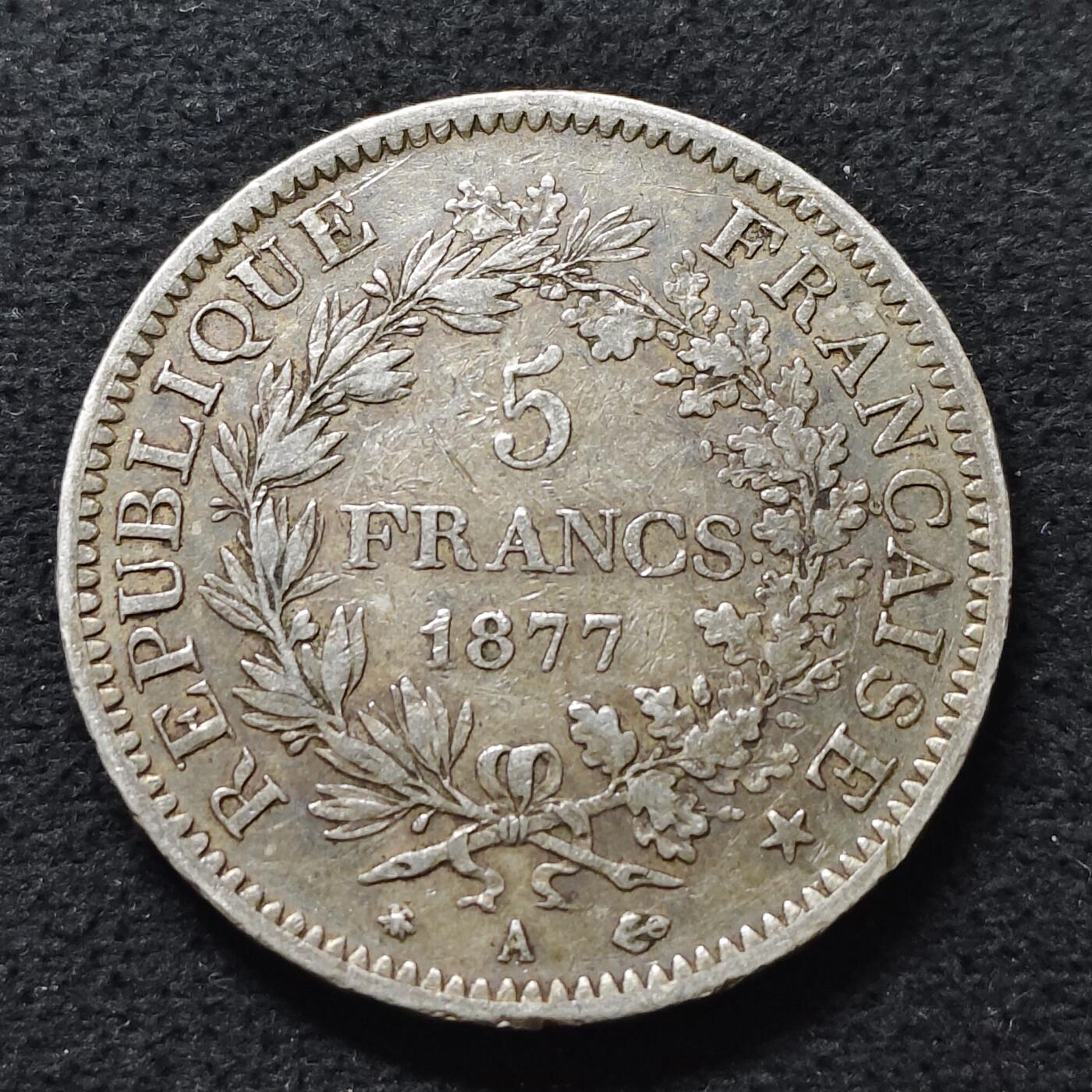 【全场包邮】纯粹捡漏拍493场 法国1877年A版5法郎银币【37毫米25克，纯银价约405元（按18元银价折算）】