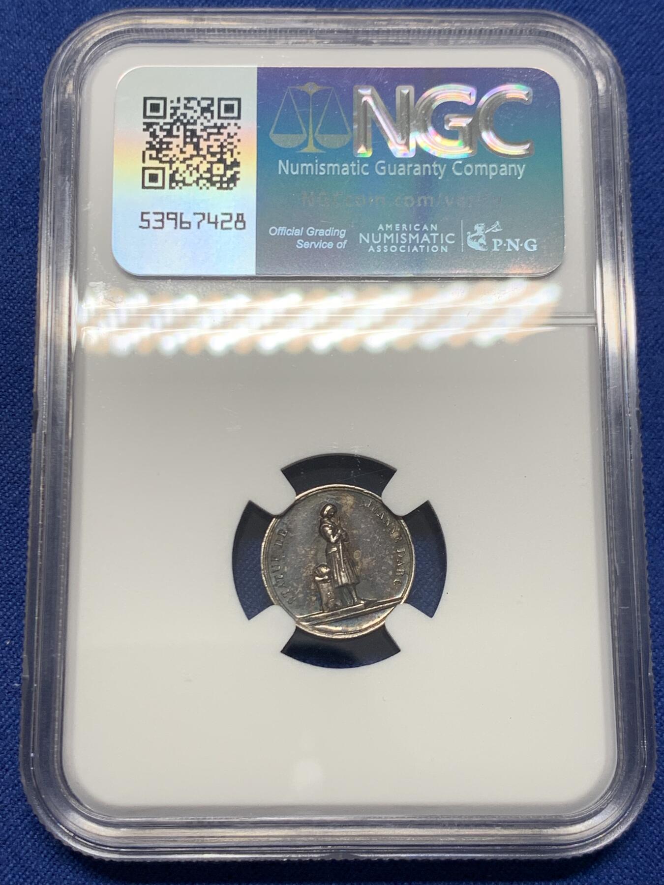 《竞宝斋》第454场 周日，周一 2场连拍 （全场包邮，欢迎送拍） NGC MS61 德国 1840年 法国王室成员玛丽奥尔良逝世纪念银章 背面为圣女贞德雕像 极少见题材 传世五彩包浆 很精致的一枚